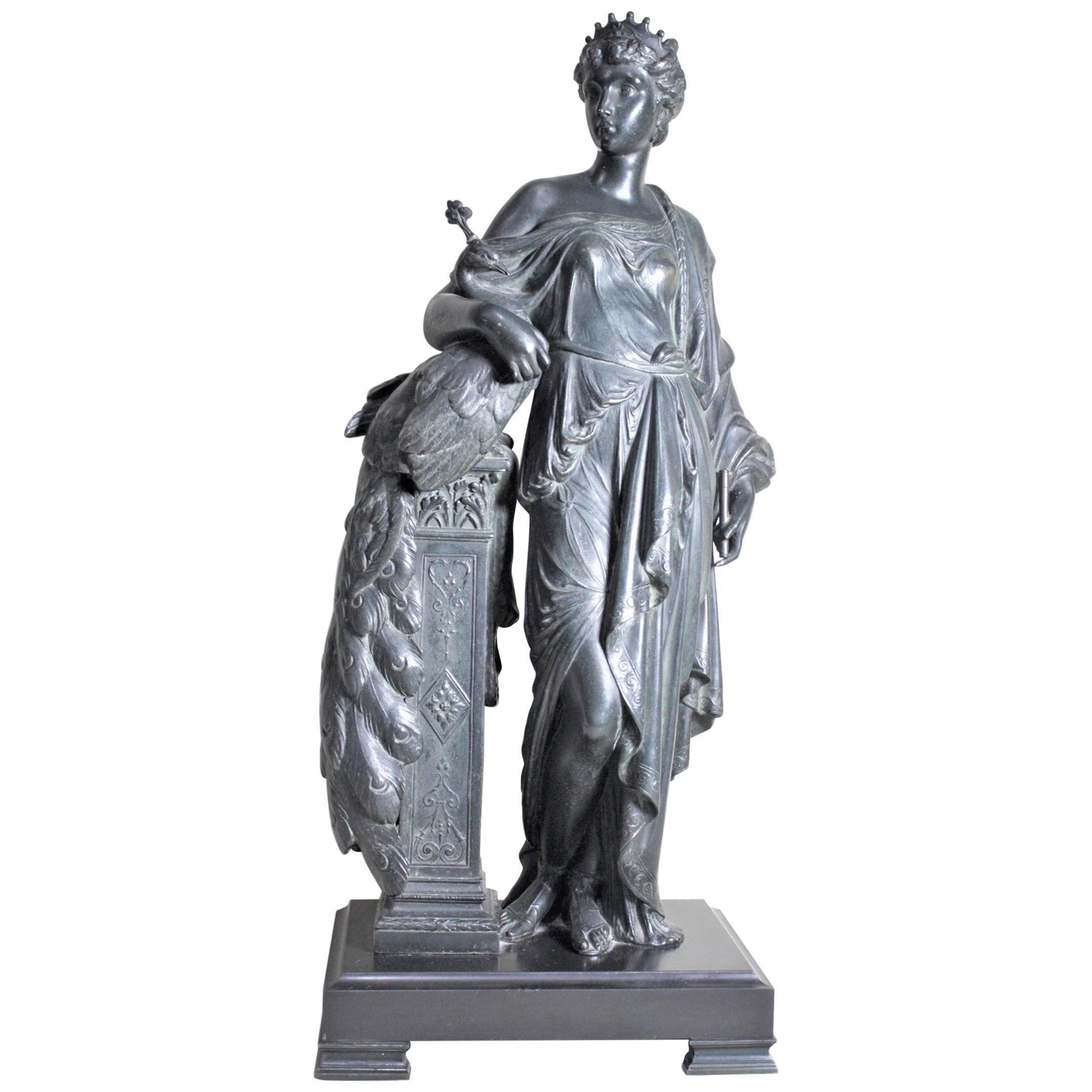 Antique Cast Spelter Neoclassical Woman with a Peacock Sculpture on Marble Base For Sale