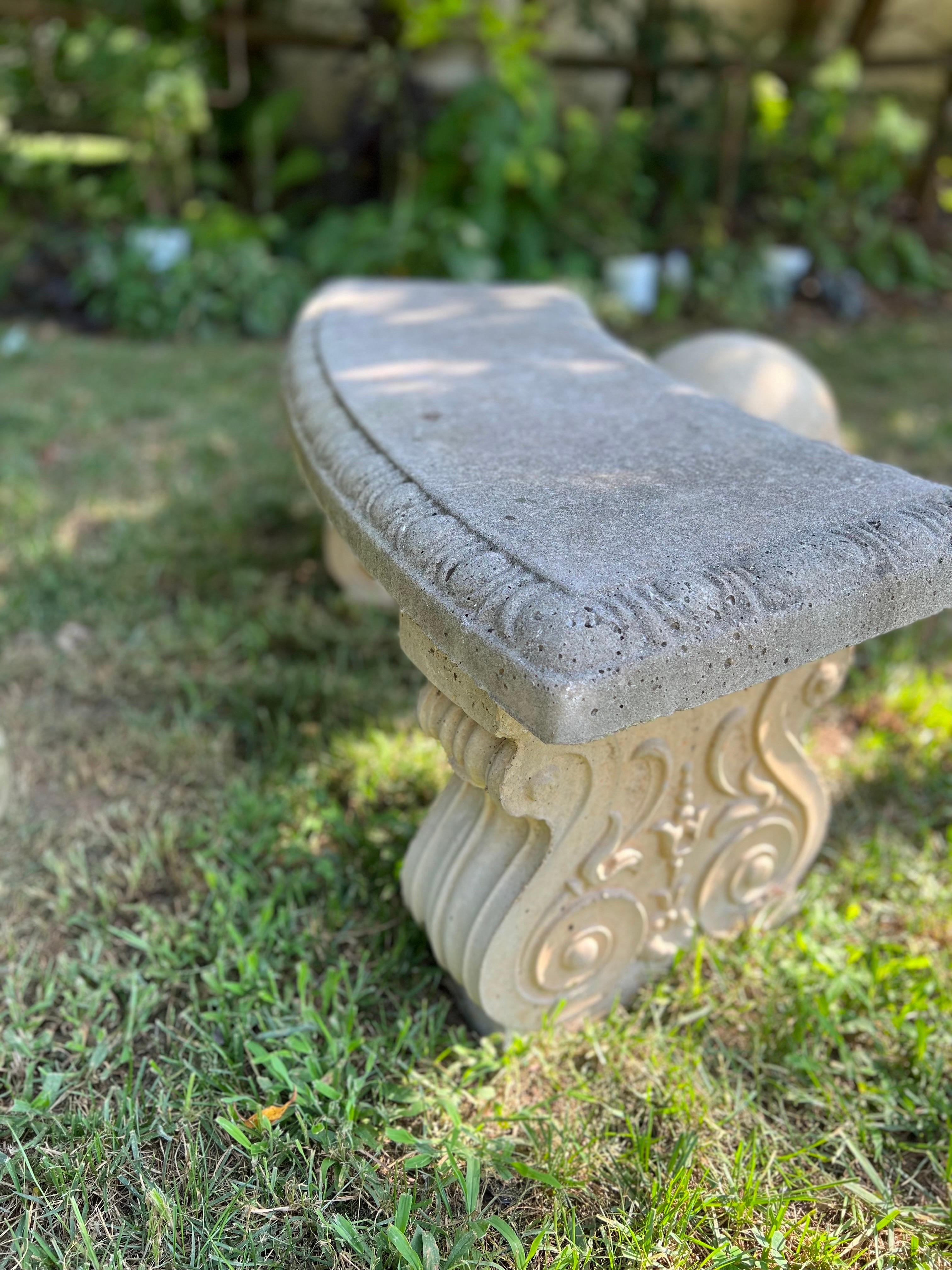 French Provincial Antique Cast Stone Bench on Pedestals For Sale