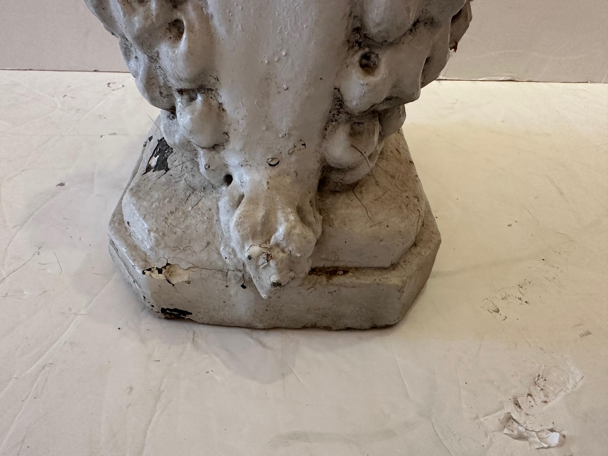 Darling sizeable cast stone cement white glazed poodle sculpture with slightly distressed patina. Great in the garden or inside.