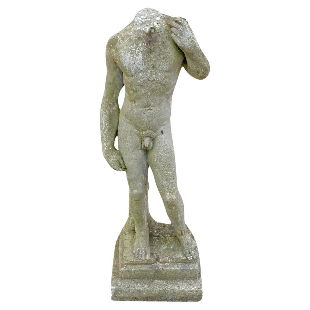 Antique Cast Stone Concrete Small 24" Nude Garden Statue Sculpture of David For Sale