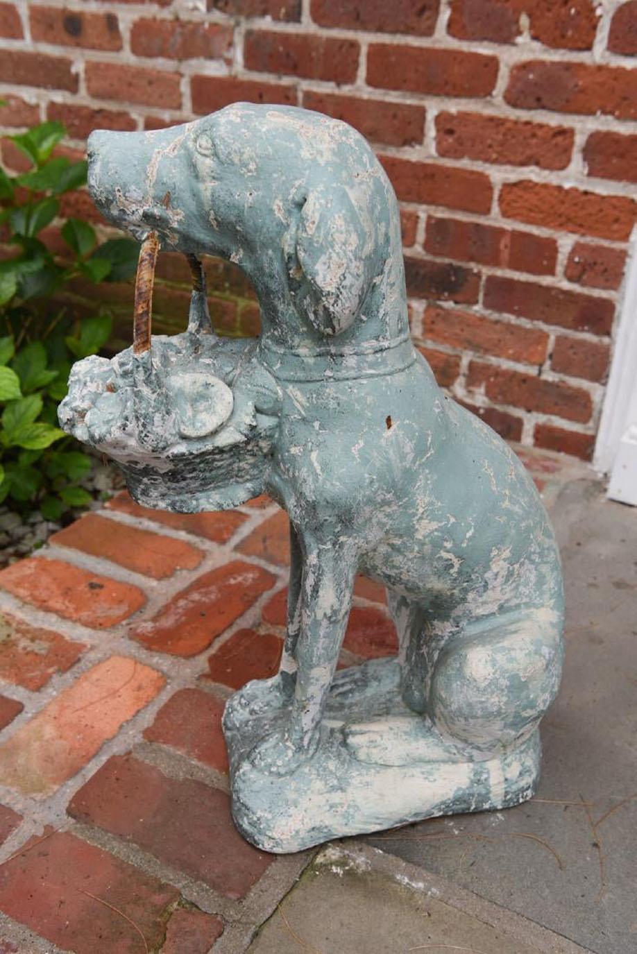 Antique Cast Stone Dog with Basket In Good Condition In Sheffield, MA