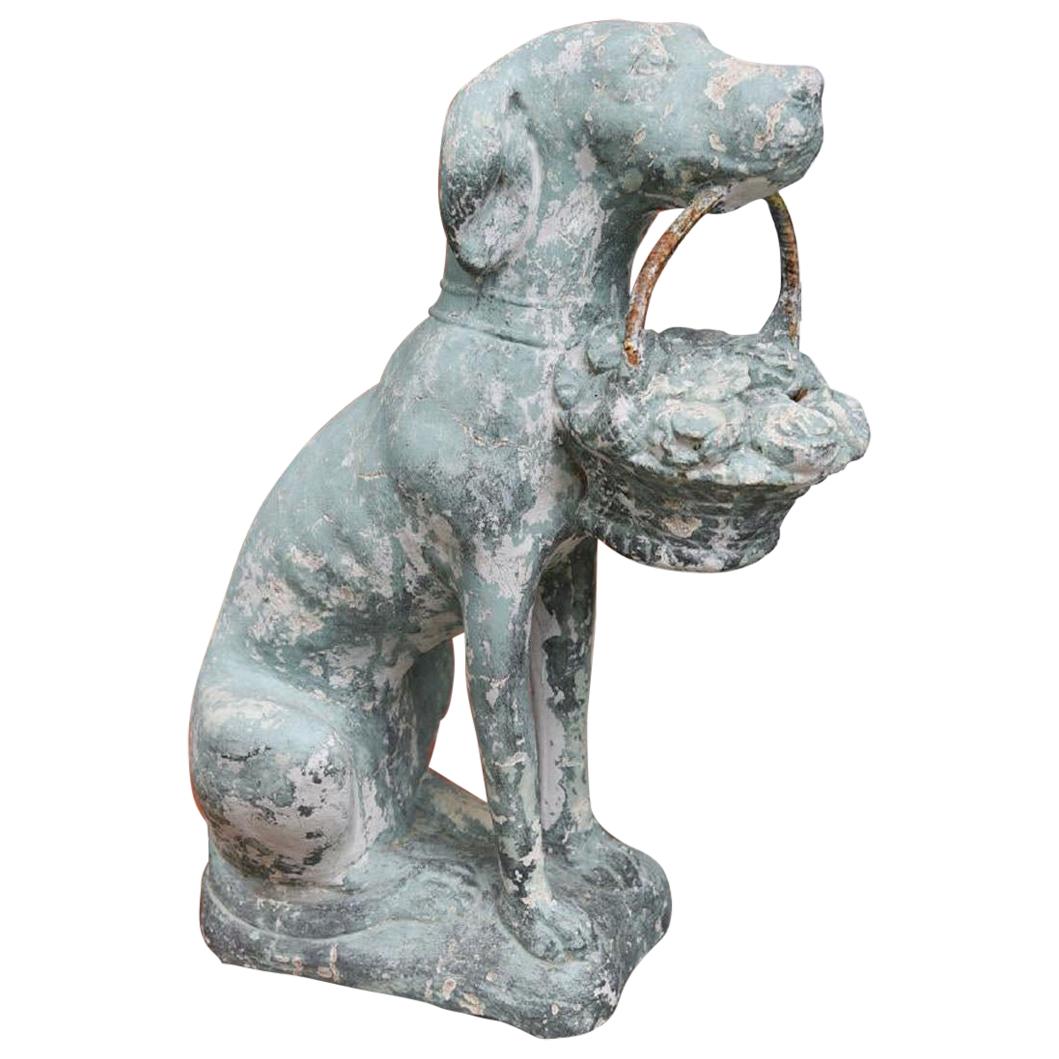 Antique Cast Stone Dog with Basket