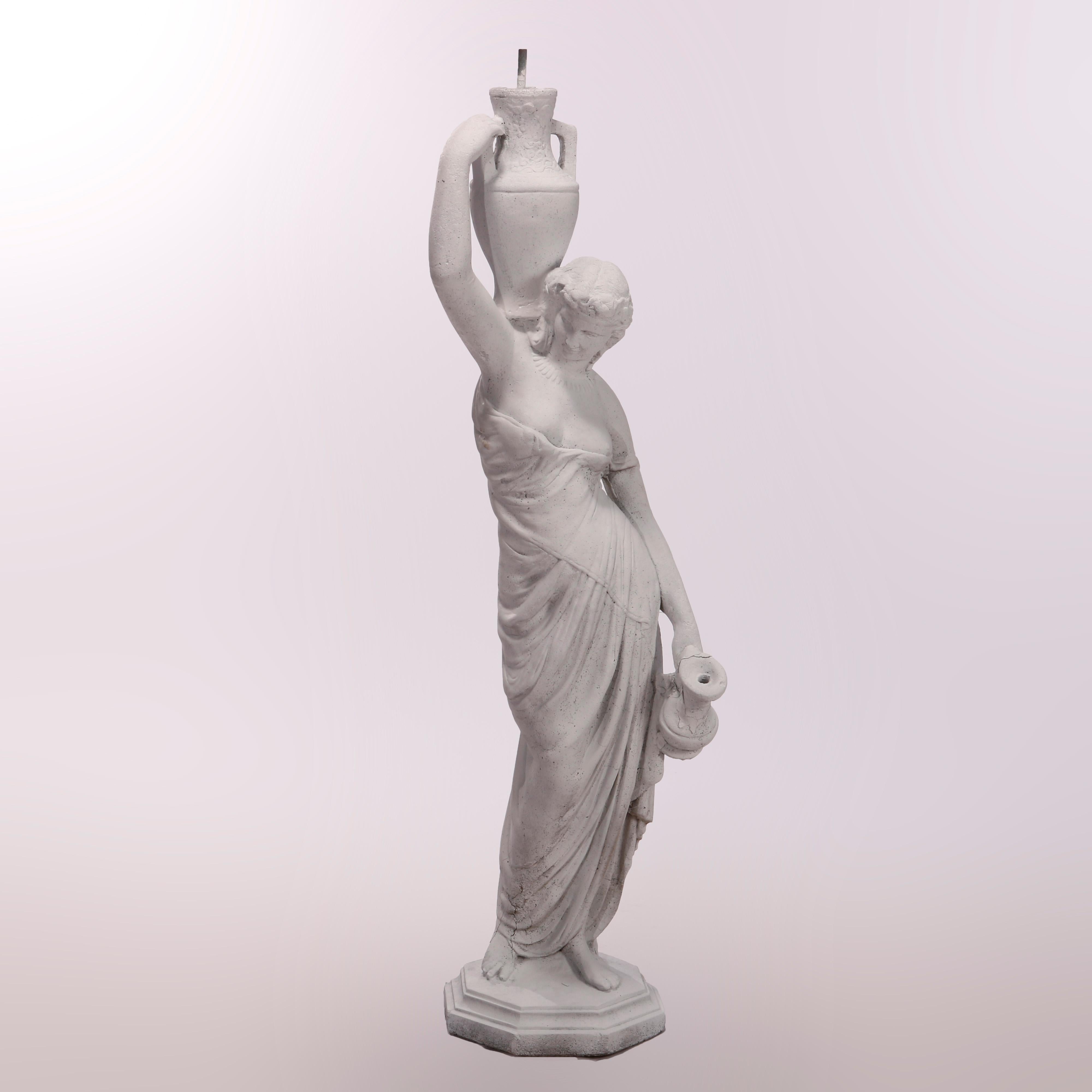 Classical Greek Antique Cast Stone Garden Fountain Figure of a Classical Woman with Vessel c1920