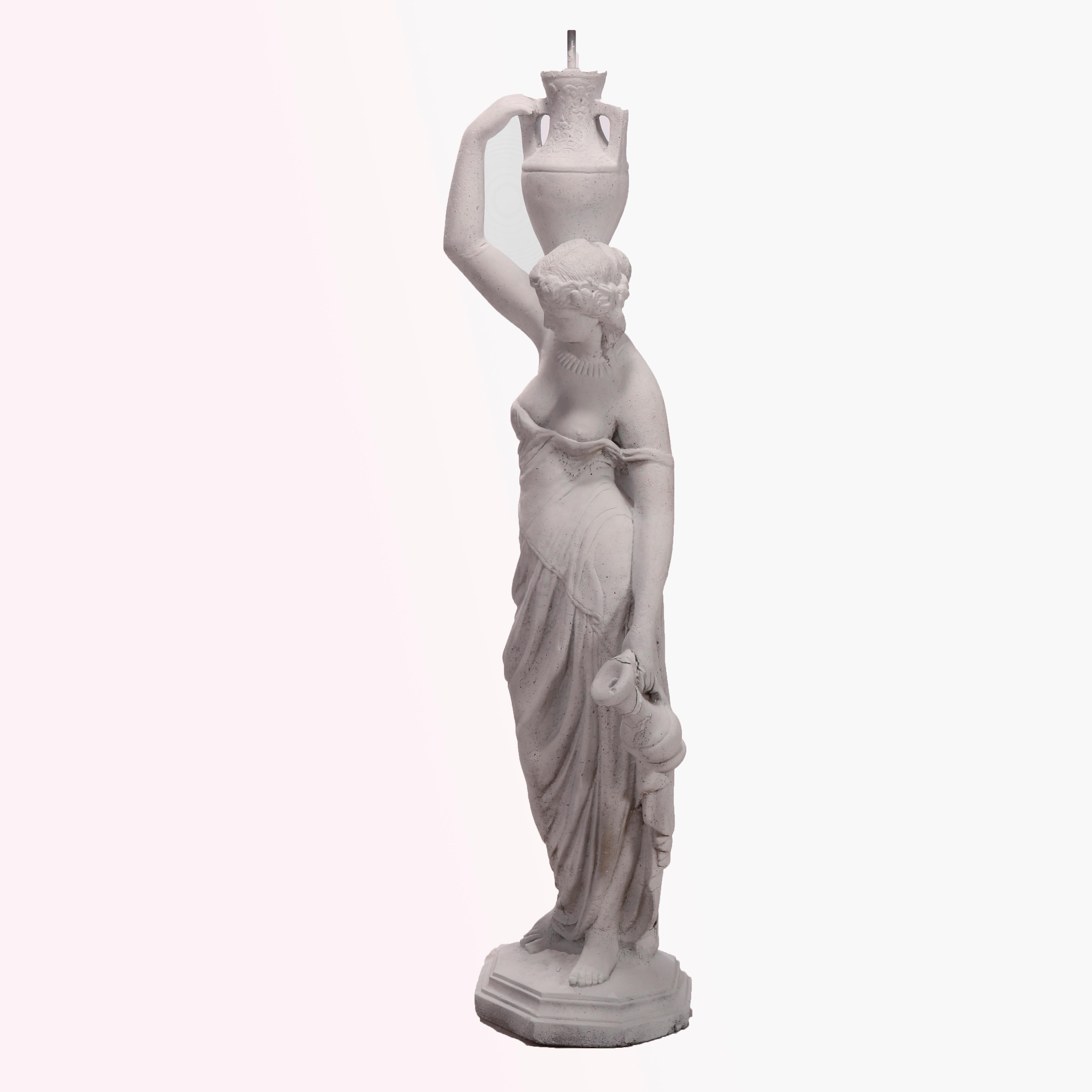 20th Century Antique Cast Stone Garden Fountain Figure of a Classical Woman with Vessel c1920