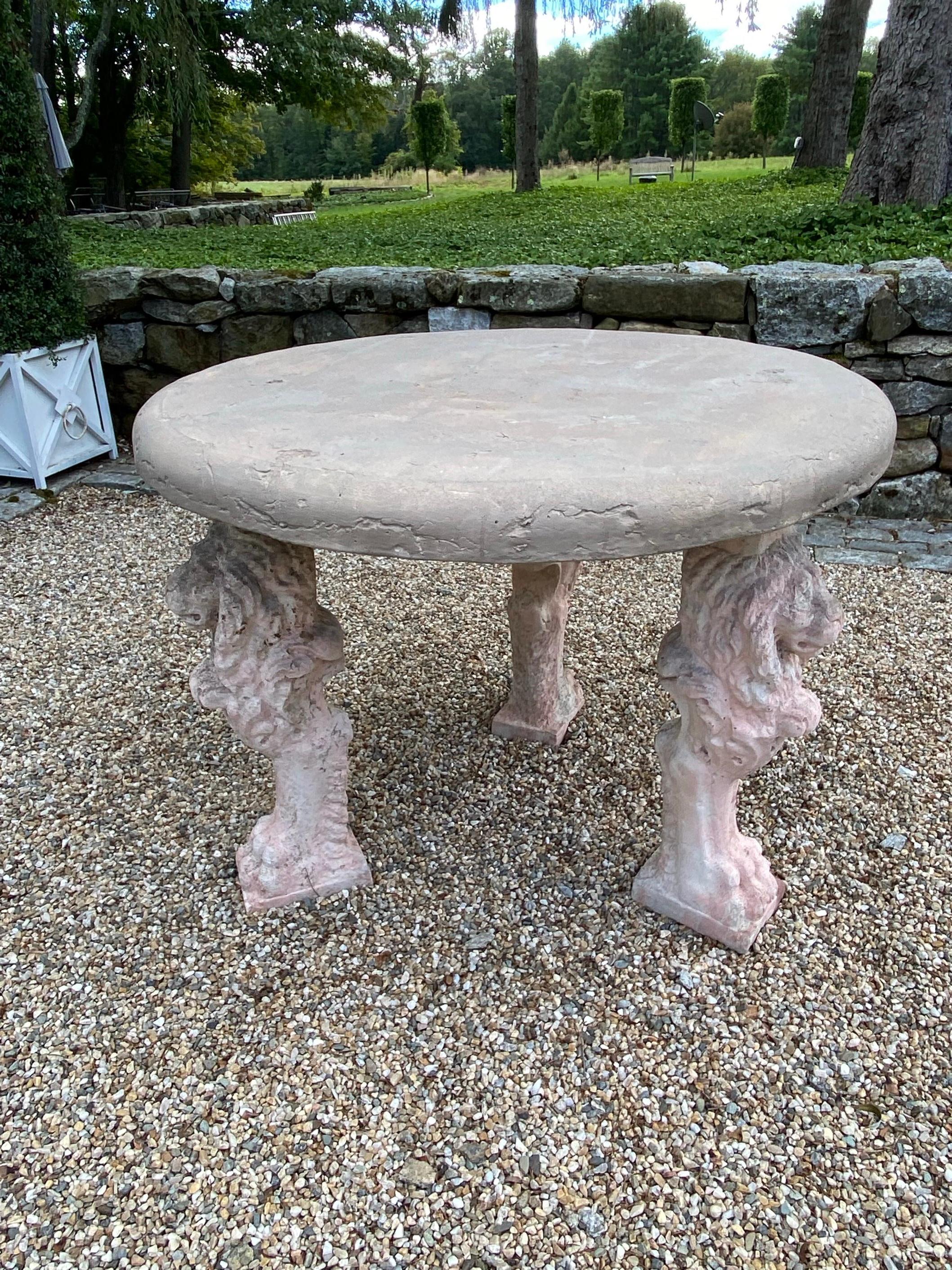 Antique Cast Stone Table with 3 Lion Figured Legs For Sale 11