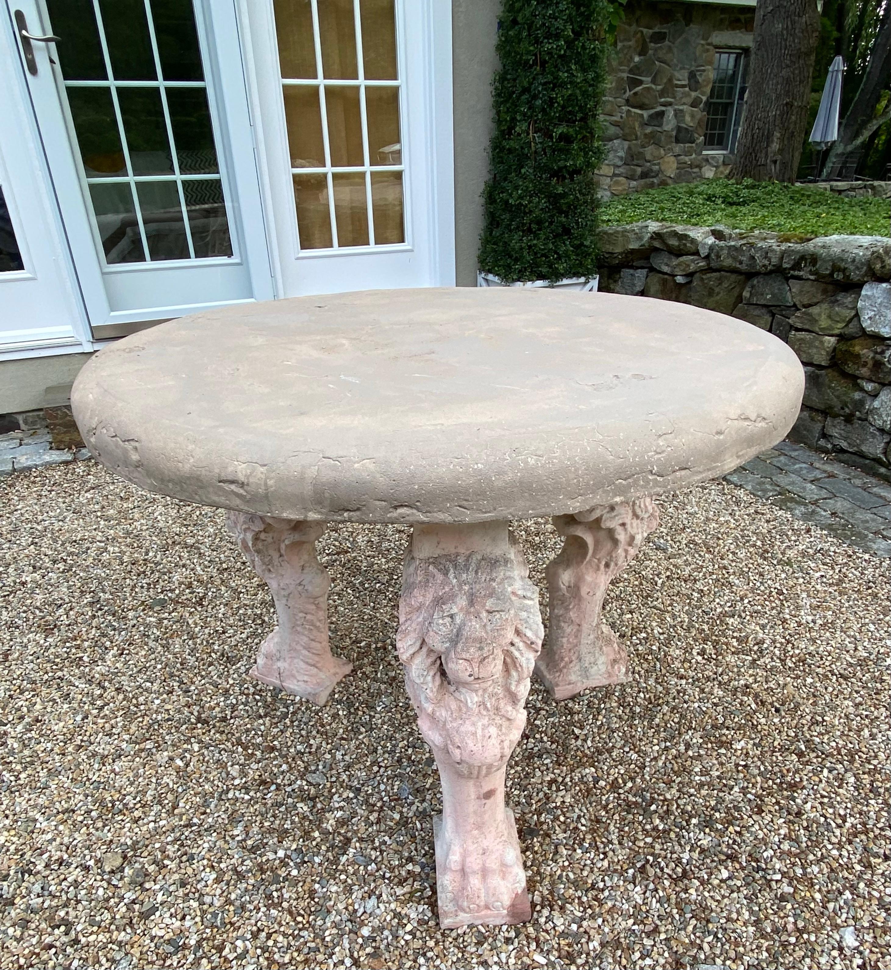 Renaissance Antique Cast Stone Table with 3 Lion Figured Legs For Sale