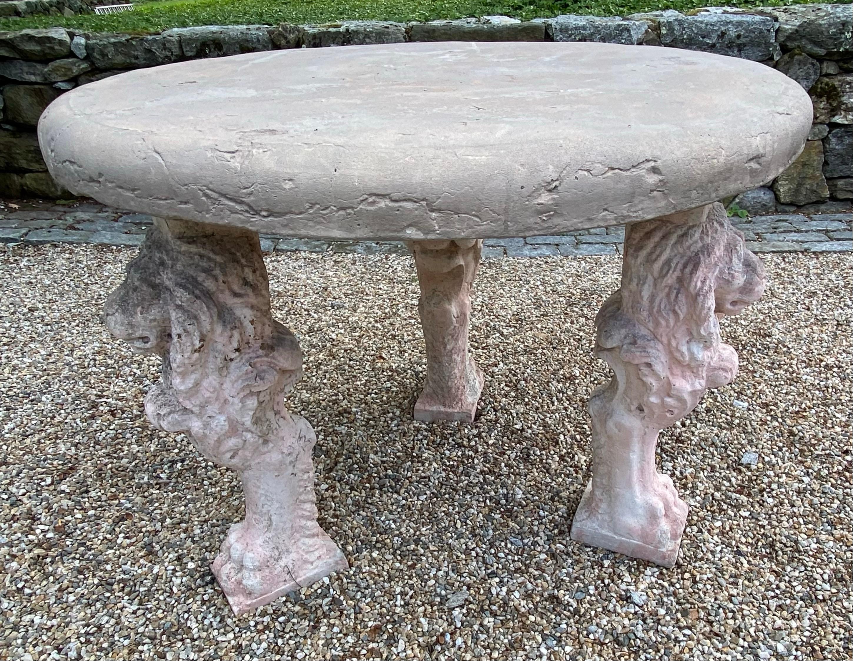 British Antique Cast Stone Table with 3 Lion Figured Legs For Sale