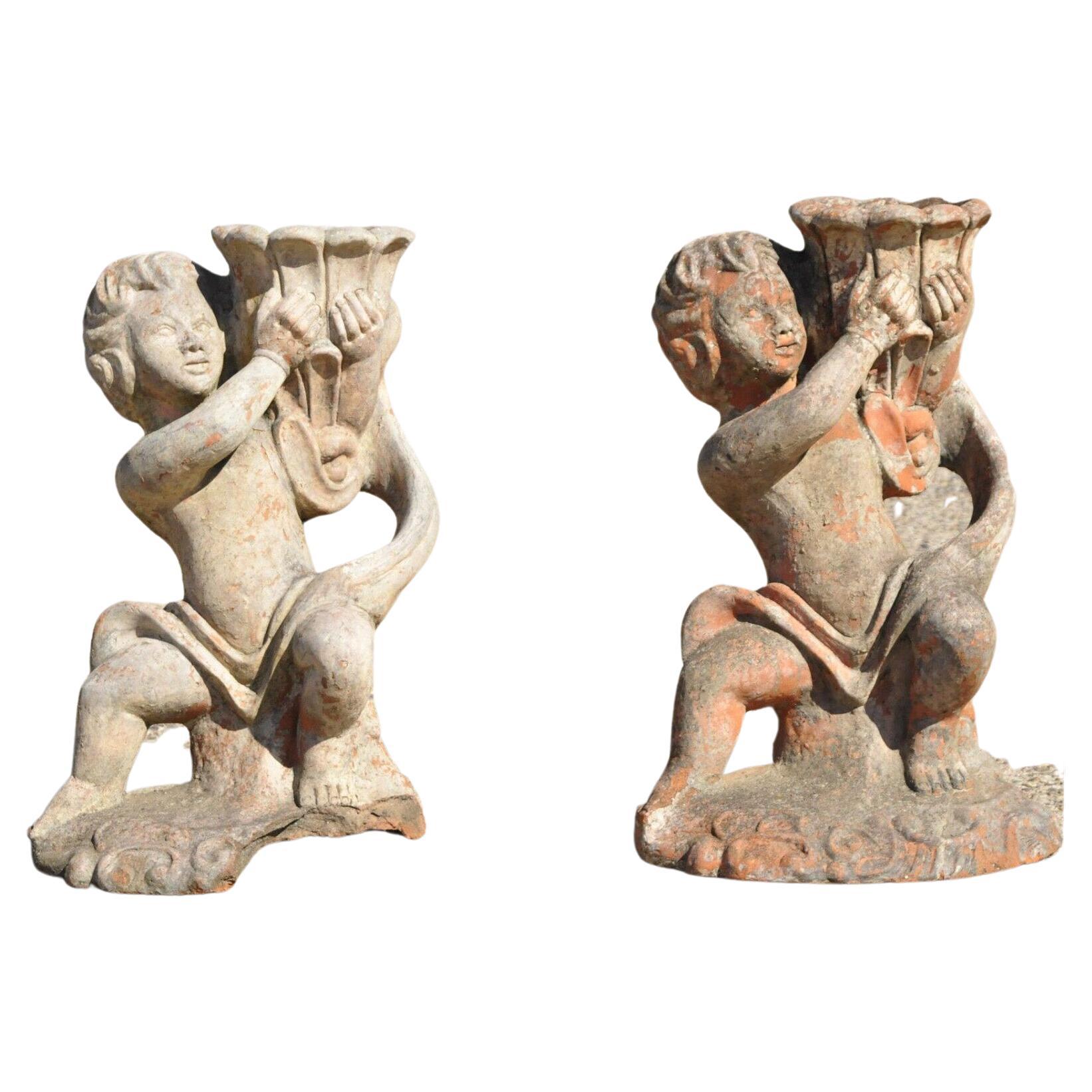Antique Cast Terracotta Figural 28" Cherub Putti Garden Planter Pots, a Pair For Sale