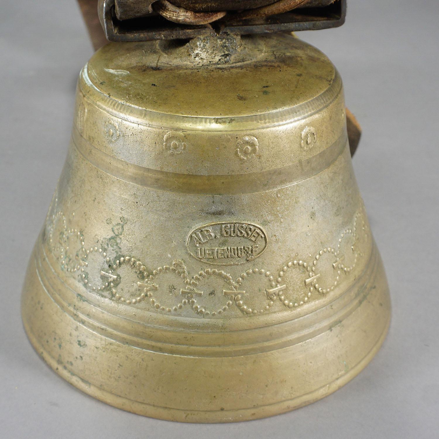 Black Forest Antique Casted Bronze Cow Bell with Leather Strap, Switzerland, ca. 1900