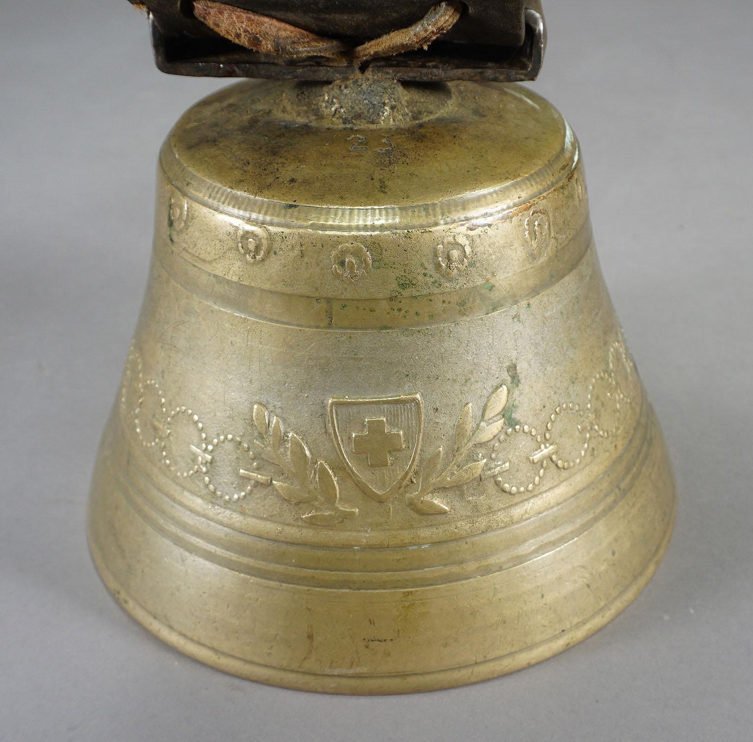 Swiss Antique Casted Bronze Cow Bell with Leather Strap, Switzerland, ca. 1900
