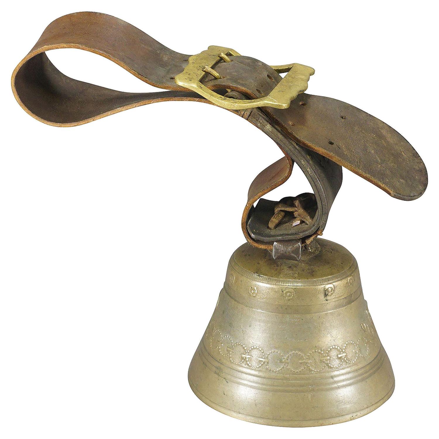 Antique Casted Bronze Cow Bell with Leather Strap, Switzerland, ca. 1900