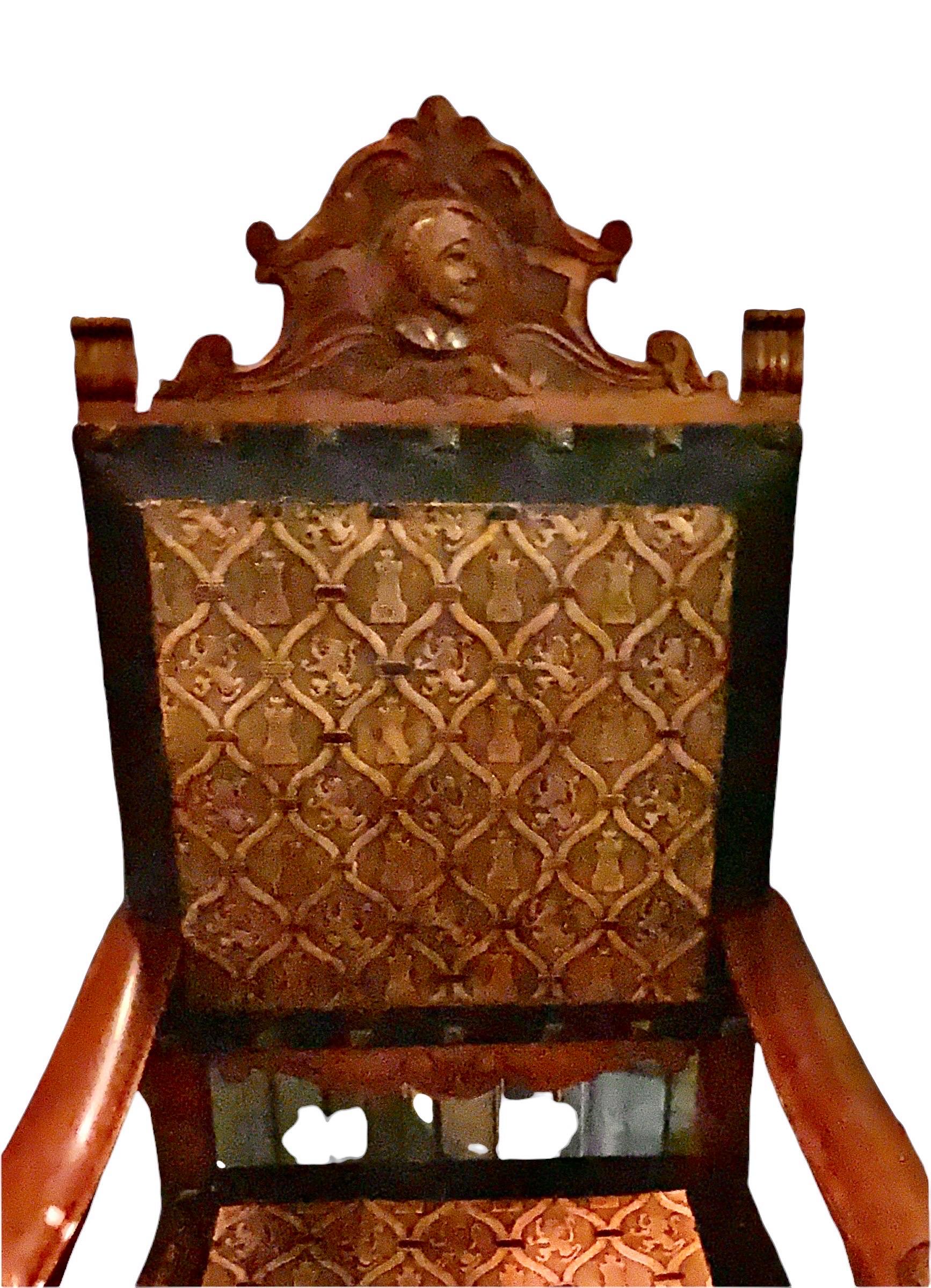 Antique Castilian Carved Mahogany & Embossed Leather Armchair For Sale 5
