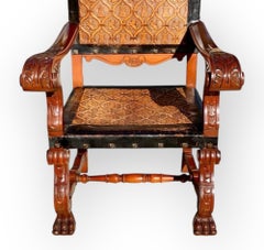 Antique Castilian Carved Mahogany & Embossed Leather Armchair
