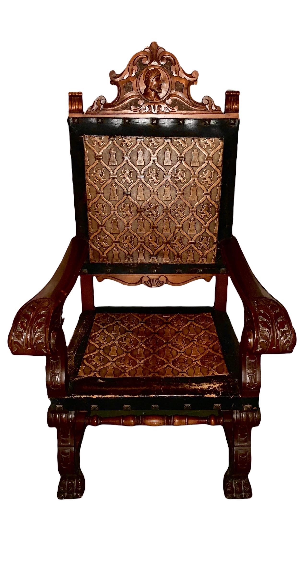 Hand-Carved Antique Castilian Carved Mahogany & Embossed Leather Armchair For Sale