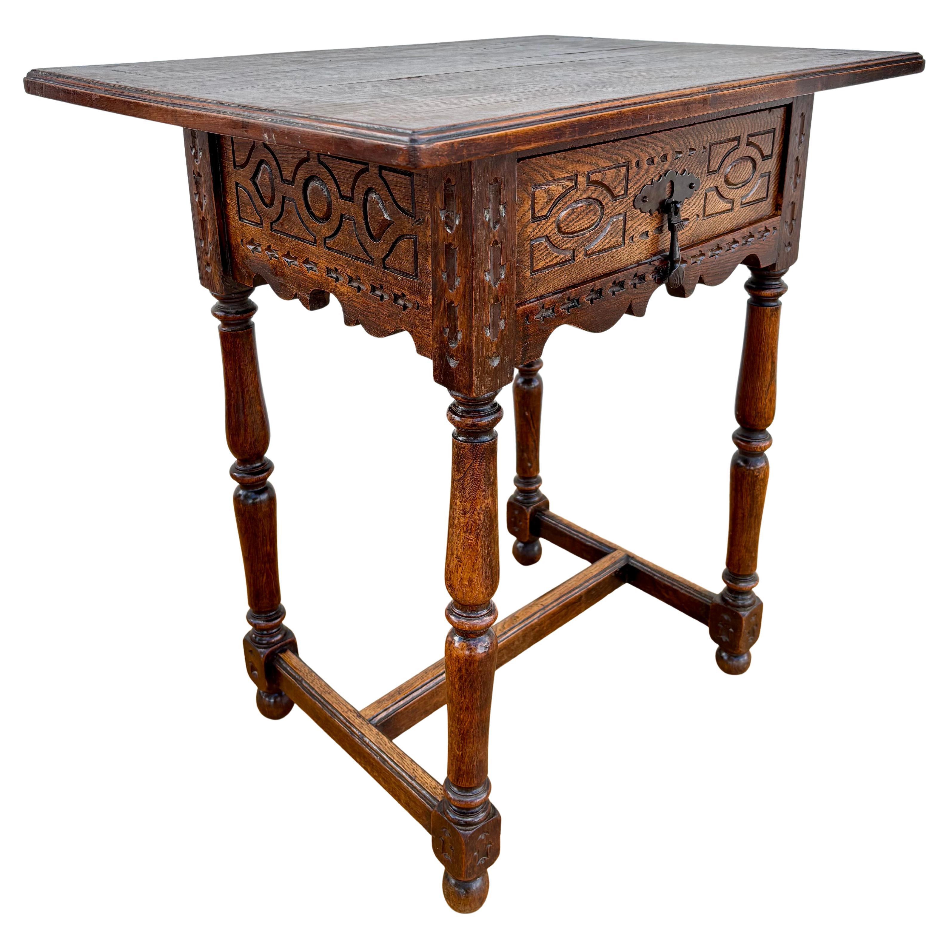Antique Castilian Oak Side Table With One Carved Drawer, 1920s