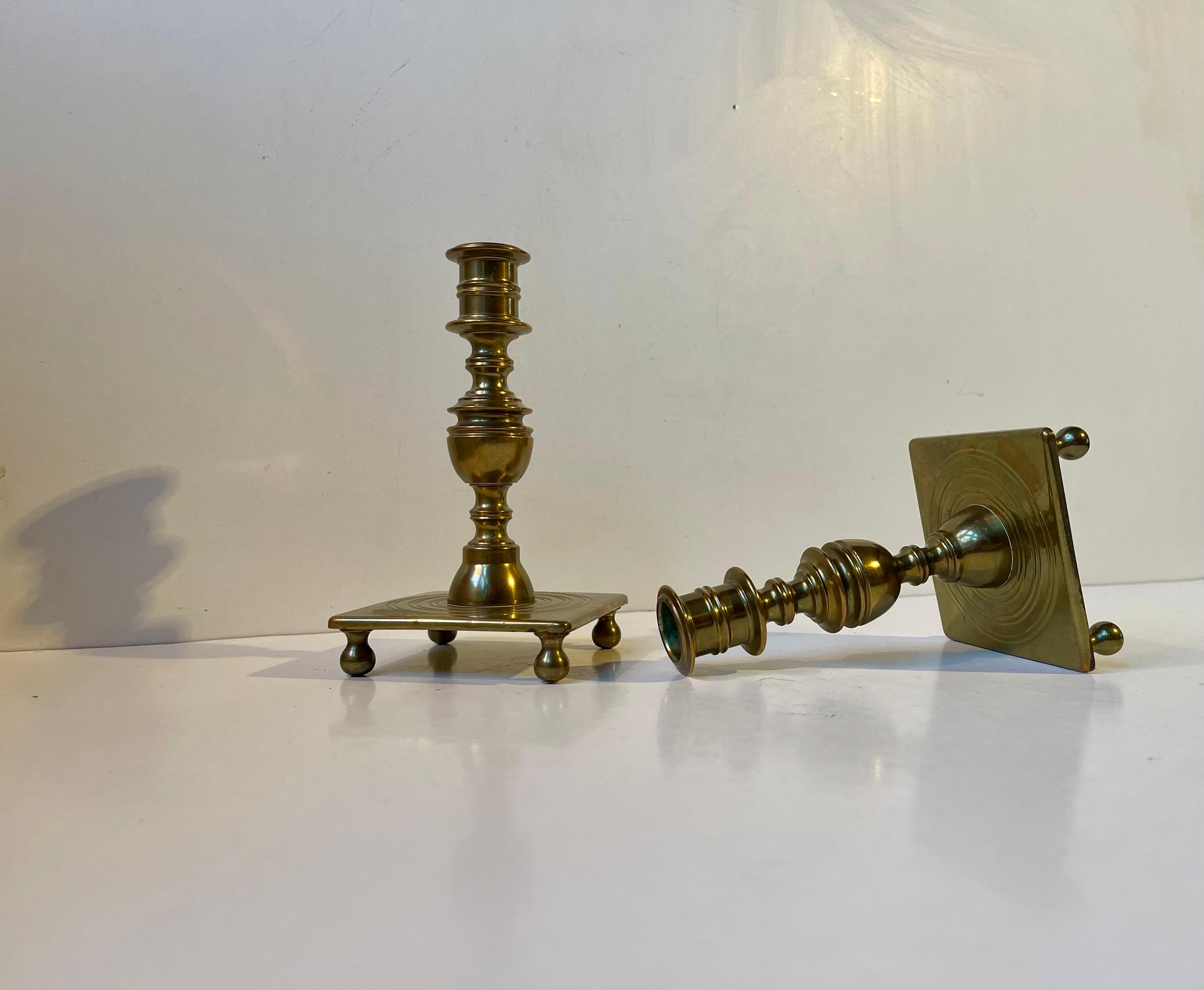20th Century Antique Castle Candlesticks in Brass, Danish Baroque Revival Style c. 1920 For Sale