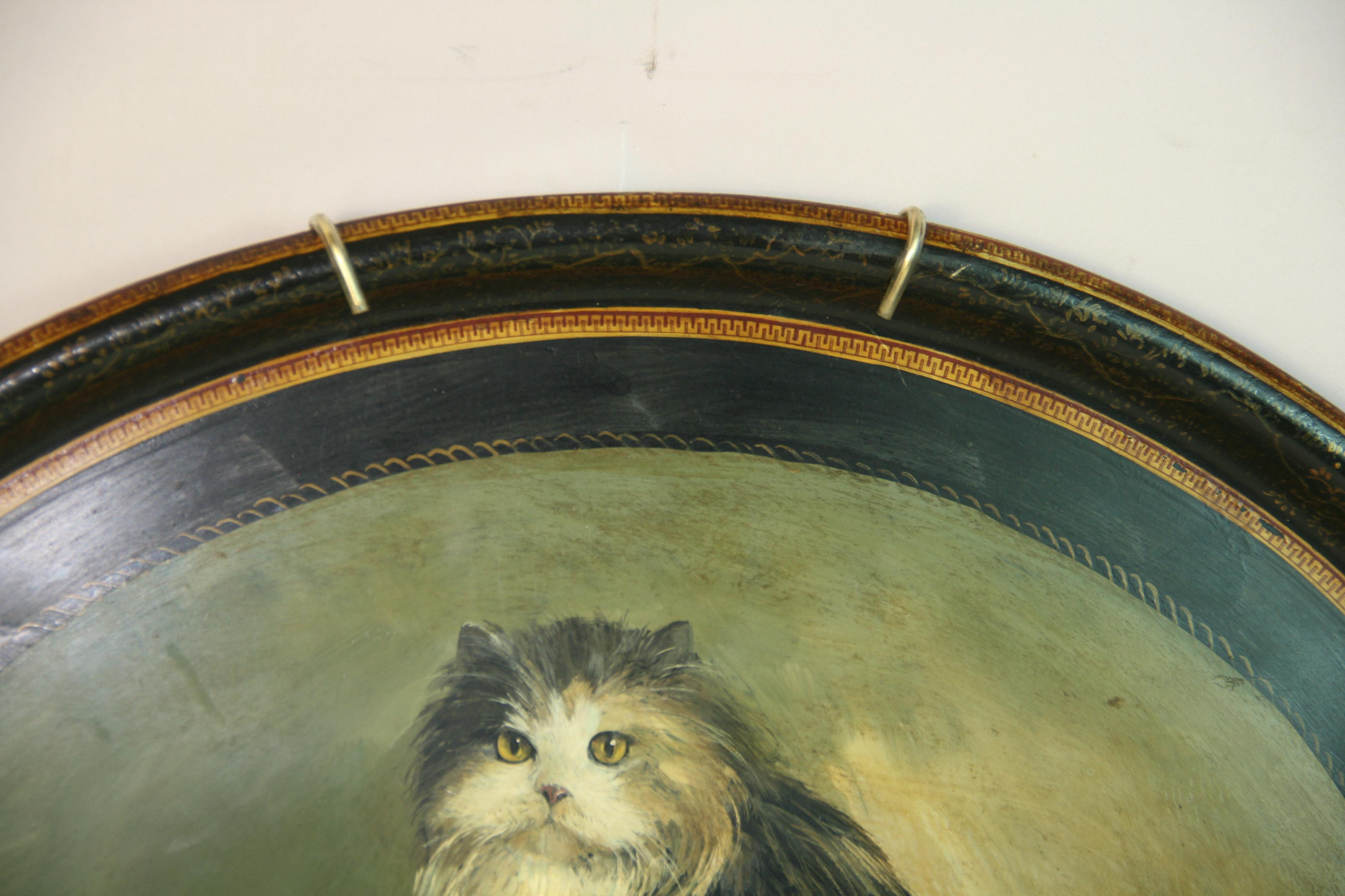 Antique Cat oil Painting on an Oval Metal Tray In Good Condition For Sale In Douglas Manor, NY