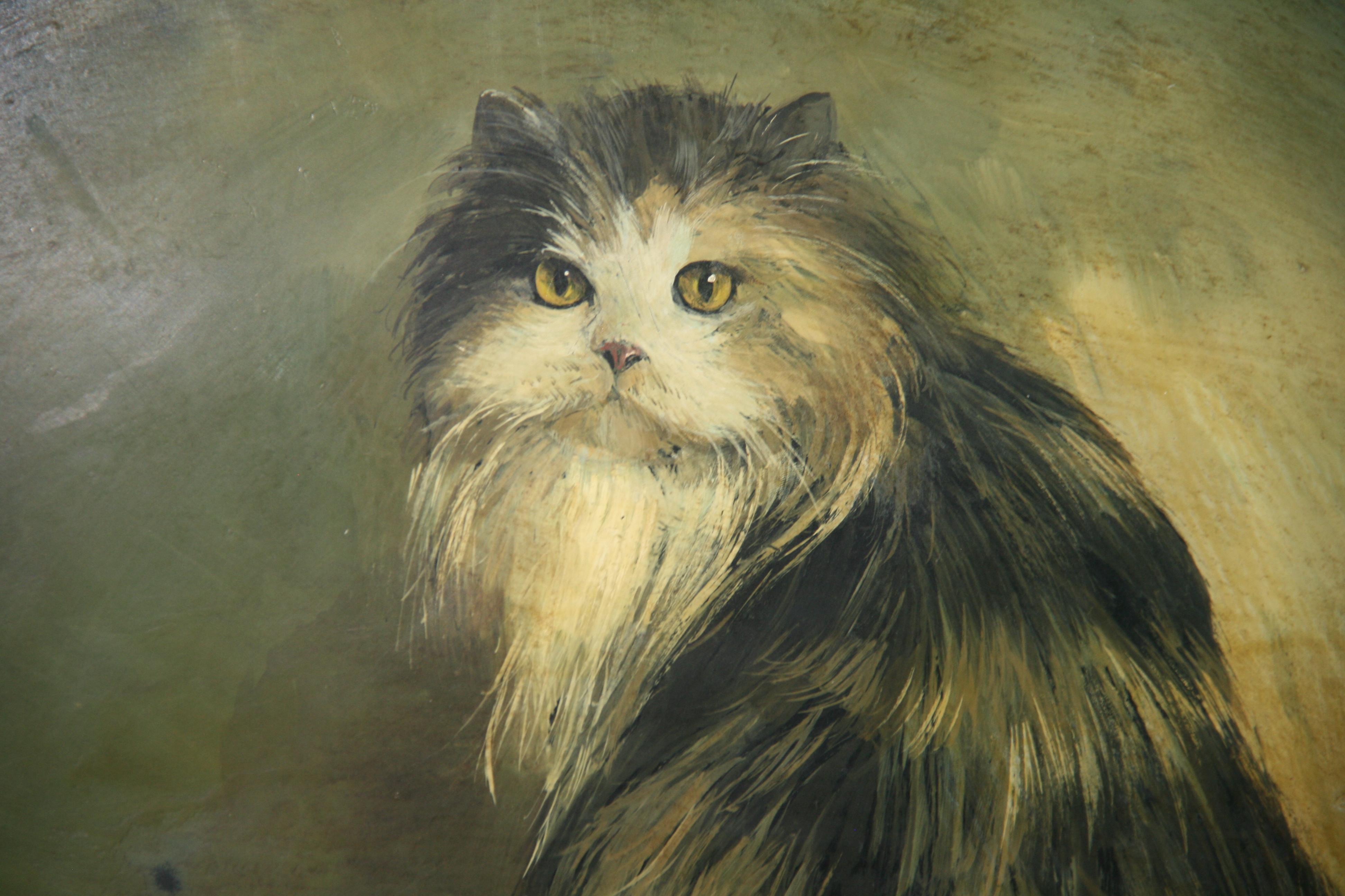 Antique Cat oil Painting on an Oval Metal Tray For Sale 2