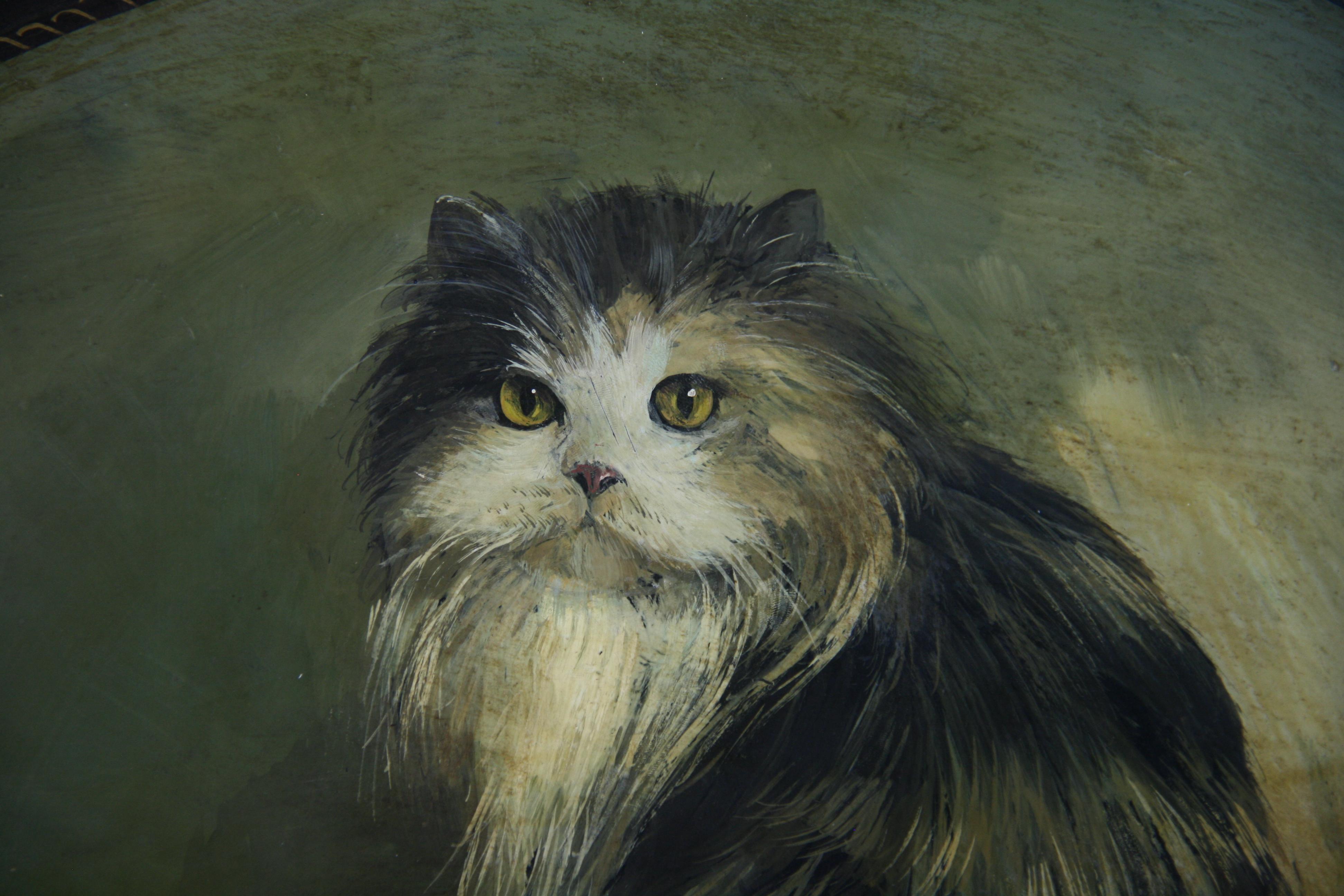 Antique Cat oil Painting on an Oval Metal Tray For Sale 4