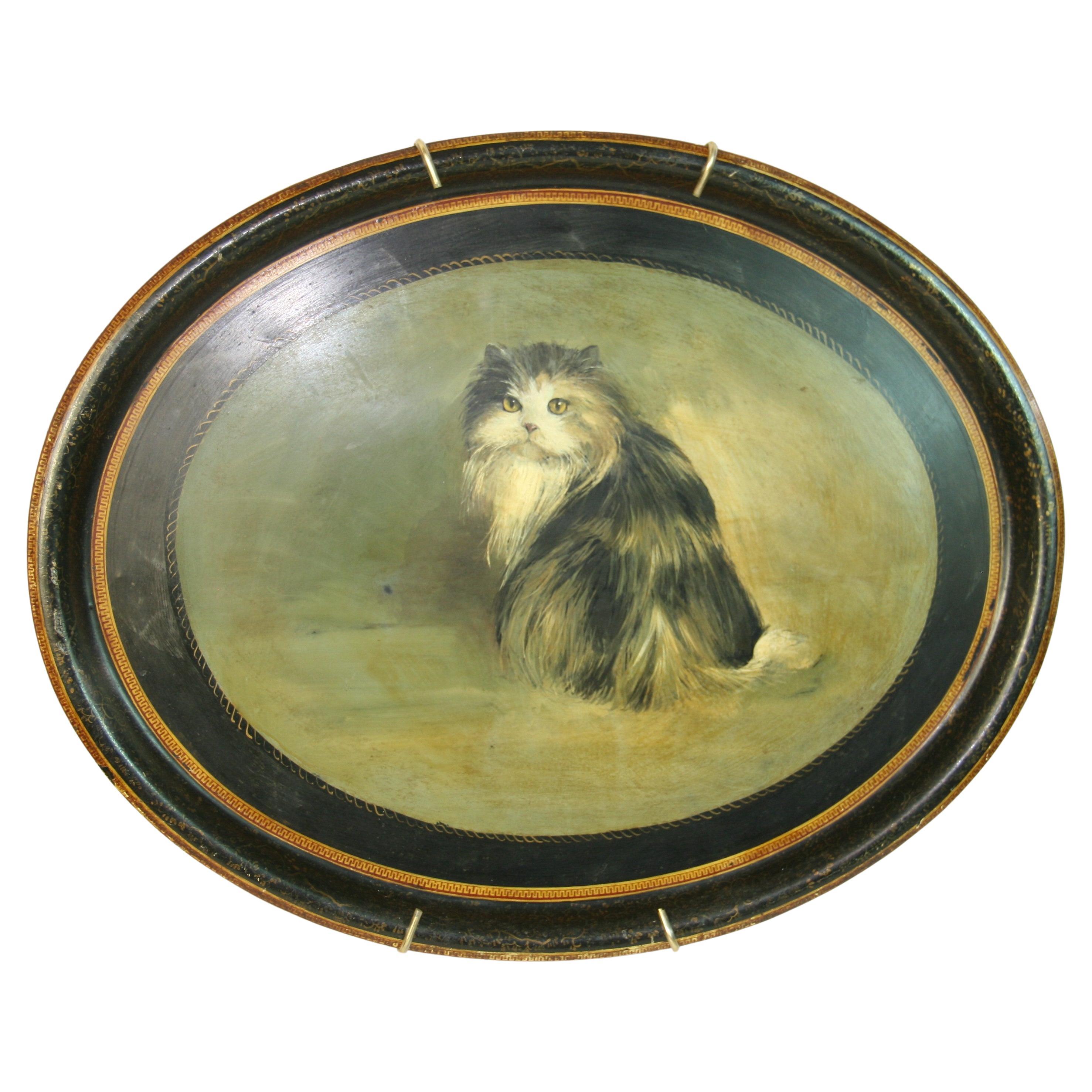 Antique Cat oil Painting on an Oval Metal Tray For Sale