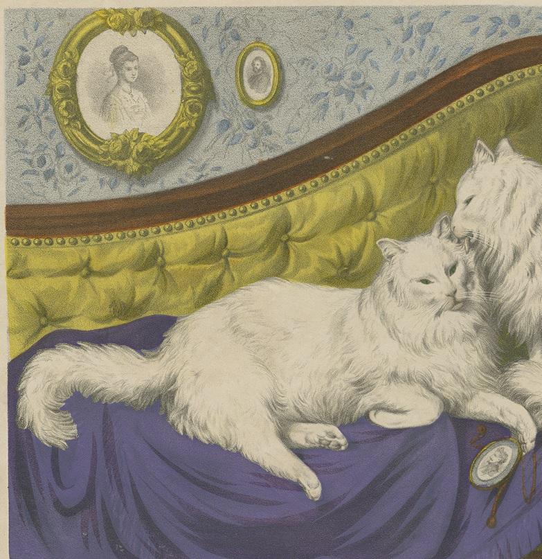 German Antique Cat Print 'The Medaillon', circa 1850