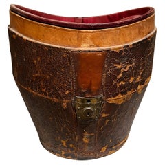Antique Catchall Bucket Distressed Leather and Red Silk, 1800s