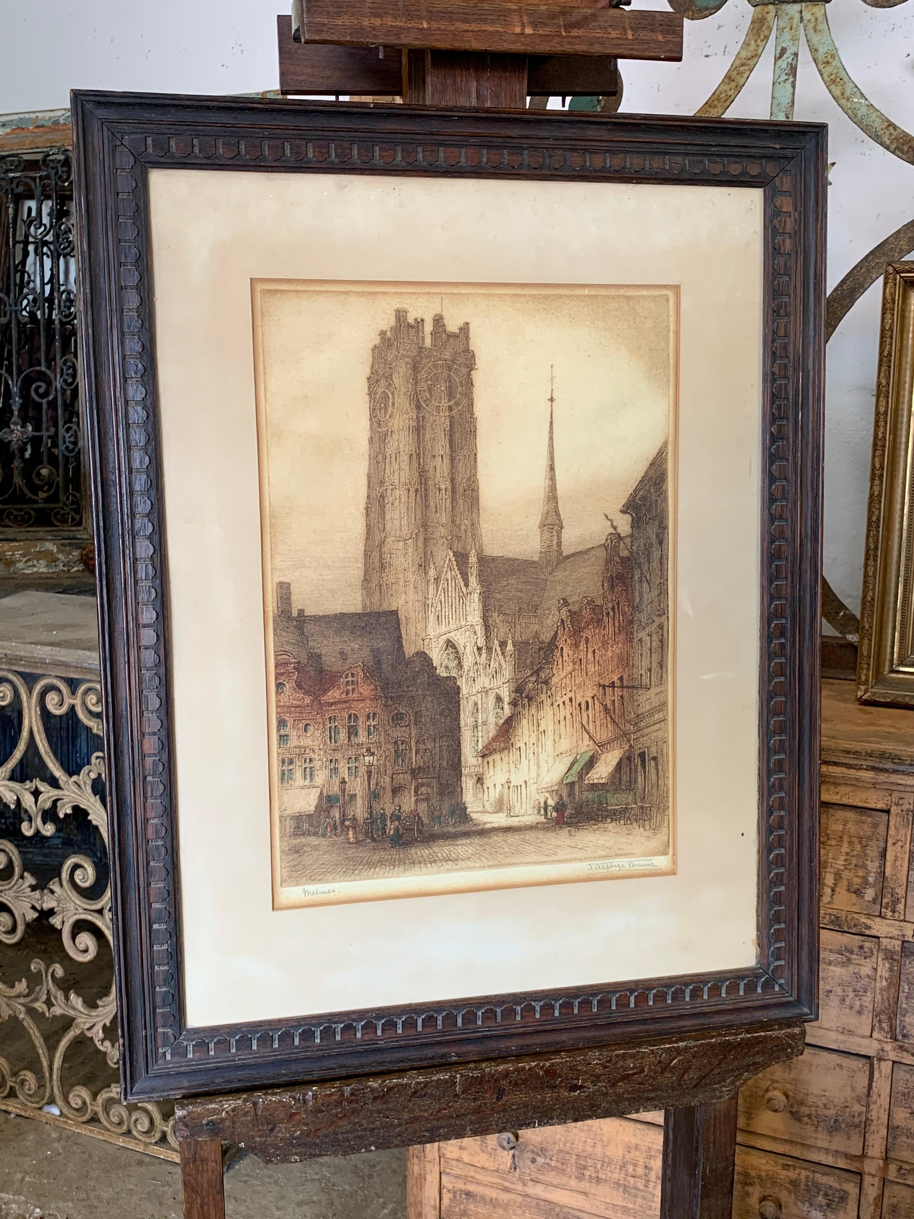 Eine Originalradierung von James Alphege Brewer. Signiert unten rechts. Sie ist Teil der Kriegssammlung und wurde während des Ersten Weltkriegs produziert. Sie zeigt historische Gebäude in ihrer ursprünglichen Form in Nordfrankreich und Belgien, die