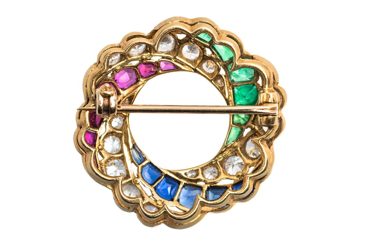 Late Victorian Open Wheel Brooch, Rubies, Emeralds, Diamonds & Sapphires 18k Gold, English 1890 For Sale