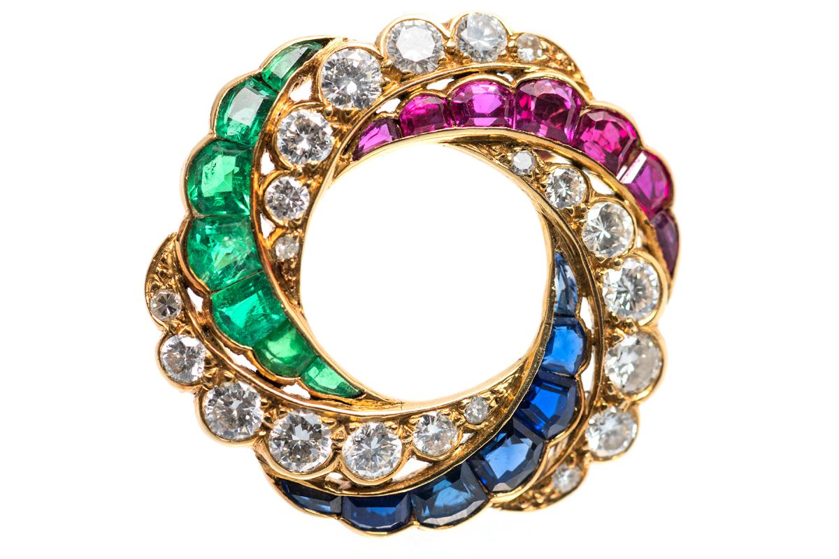 Women's Open Wheel Brooch, Rubies, Emeralds, Diamonds & Sapphires 18k Gold, English 1890 For Sale