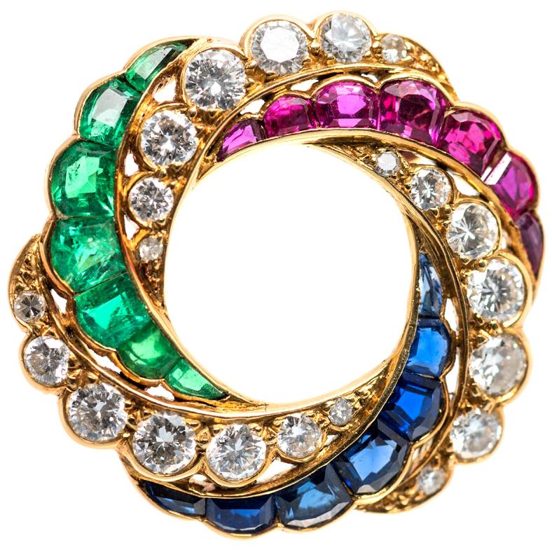 Open Wheel Brooch, Rubies, Emeralds, Diamonds & Sapphires 18k Gold, English 1890 For Sale