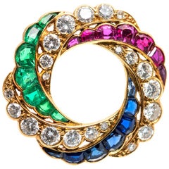 Open Wheel Brooch, Rubies, Emeralds, Diamonds & Sapphires 18k Gold, English 1890