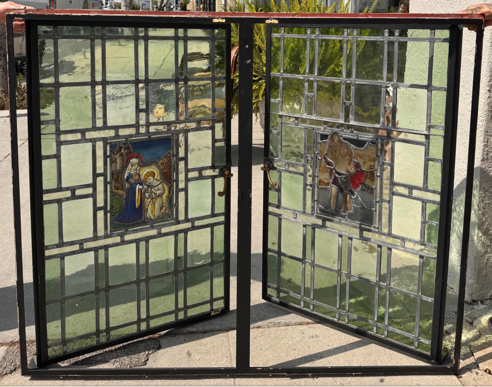 Antique Catholic Church Religious Stained Glass Double Window - Pre Hung In Good Condition For Sale In LOS ANGELES, CA