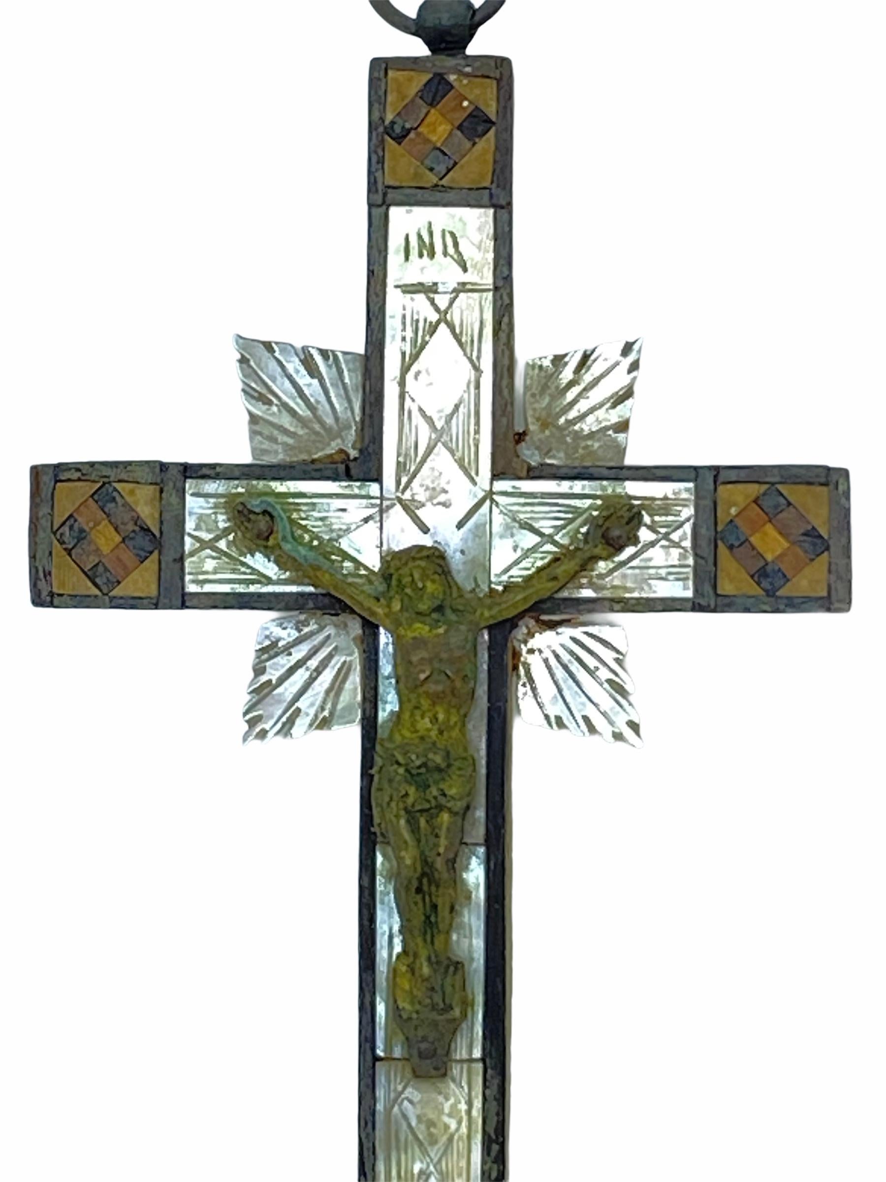 German Antique Catholic Crucifix Inlay Work by Nun Monastery, Jerusalem