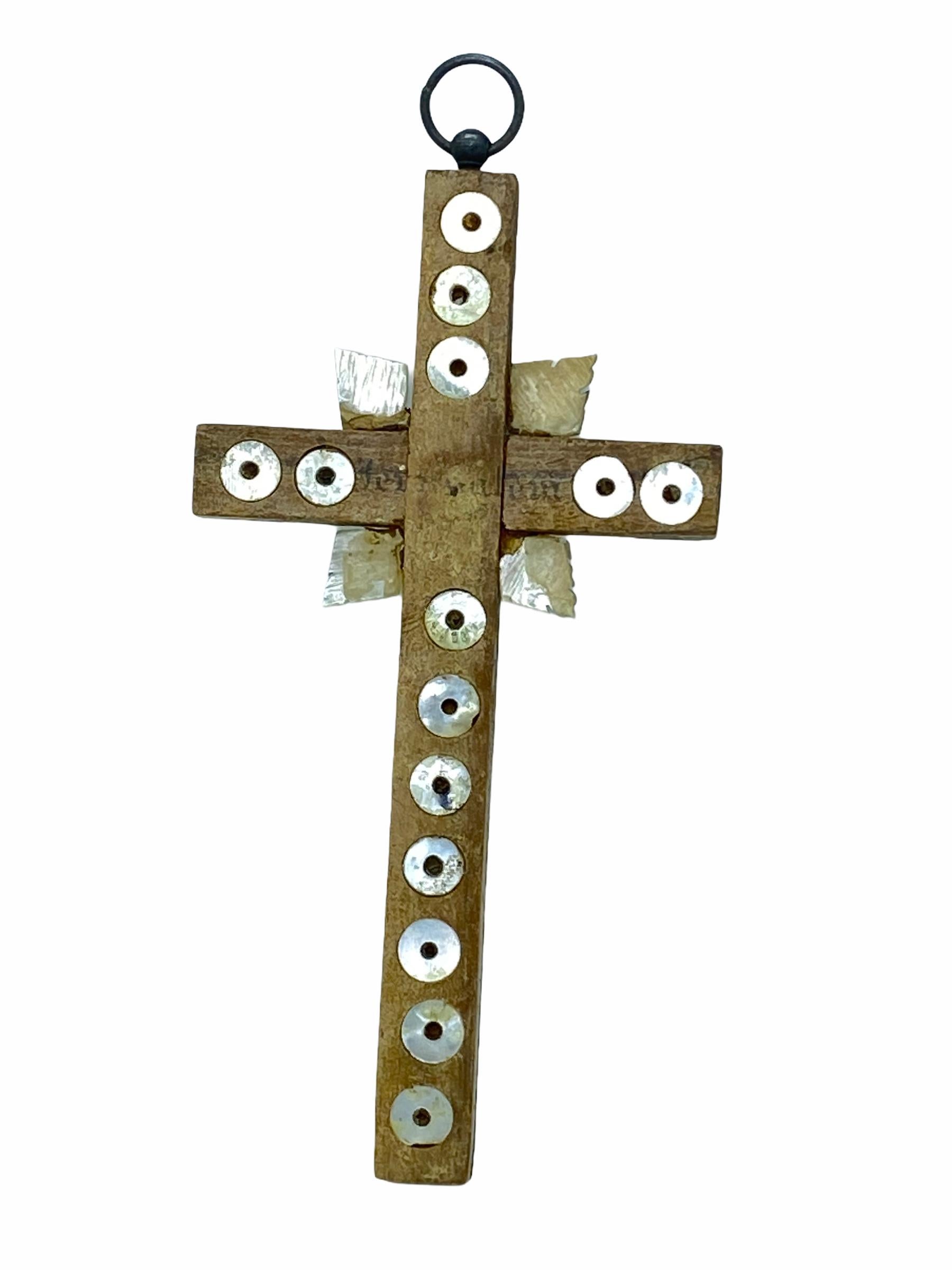 Antique Catholic Crucifix Inlay Work by Nun Monastery, Jerusalem In Good Condition In Nuernberg, DE