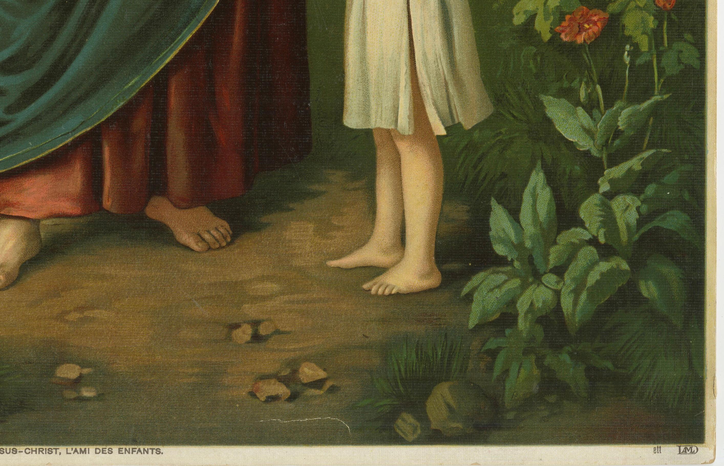 Jésus bénissant les enfants - Ancienne chromolithographie catholique allemande, c. 1890

Cette magnifique chromolithographie allemande de la fin du XIXe siècle représente l'une des scènes les plus tendres et les plus aimées de l'iconographie