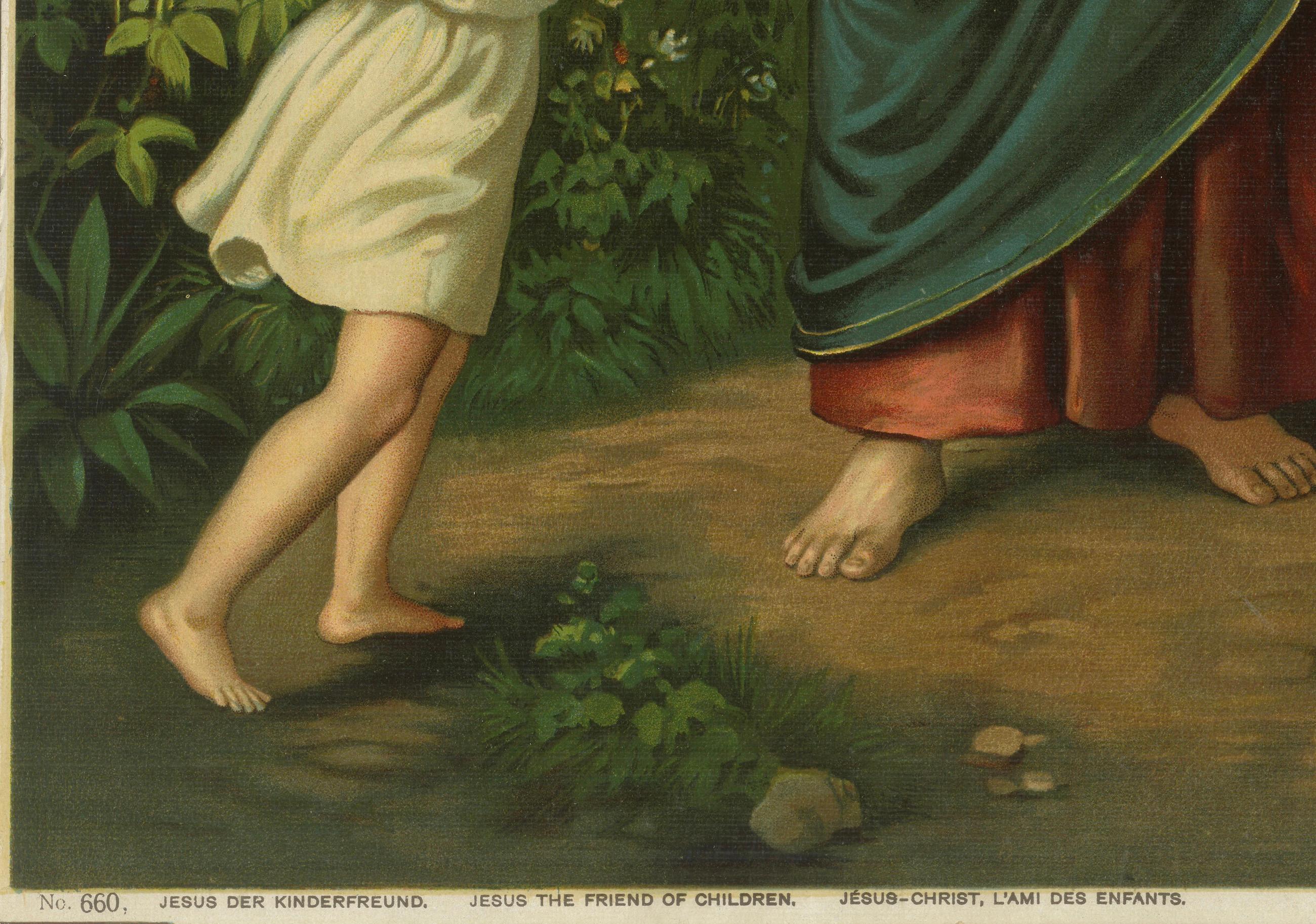 Allemand Ancienne estampe catholique de Jésus bénissant les enfants - Allemagne, c. 1890 en vente