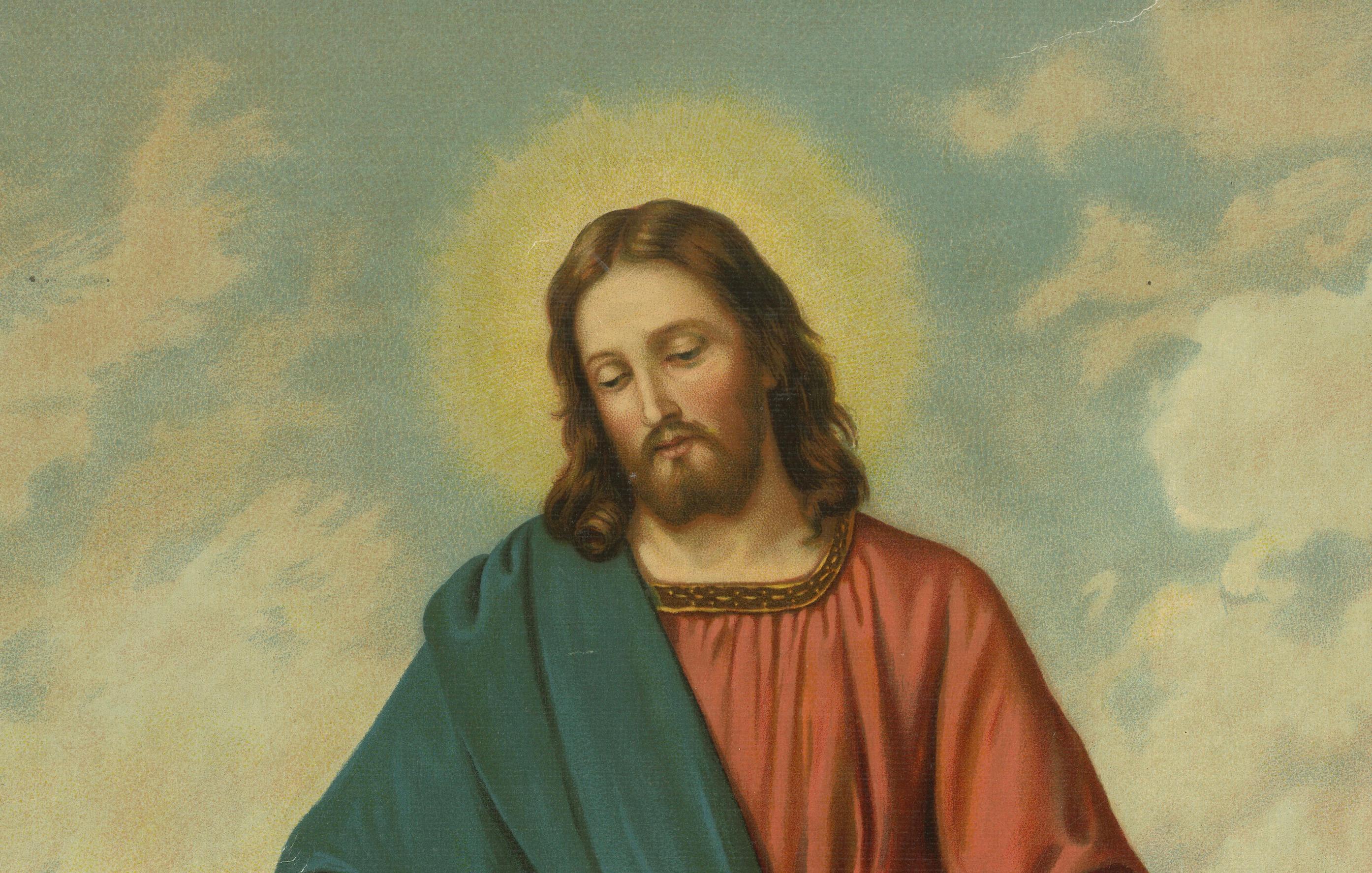 Ancienne estampe catholique de Jésus bénissant les enfants - Allemagne, c. 1890 Bon état - En vente à Langweer, NL