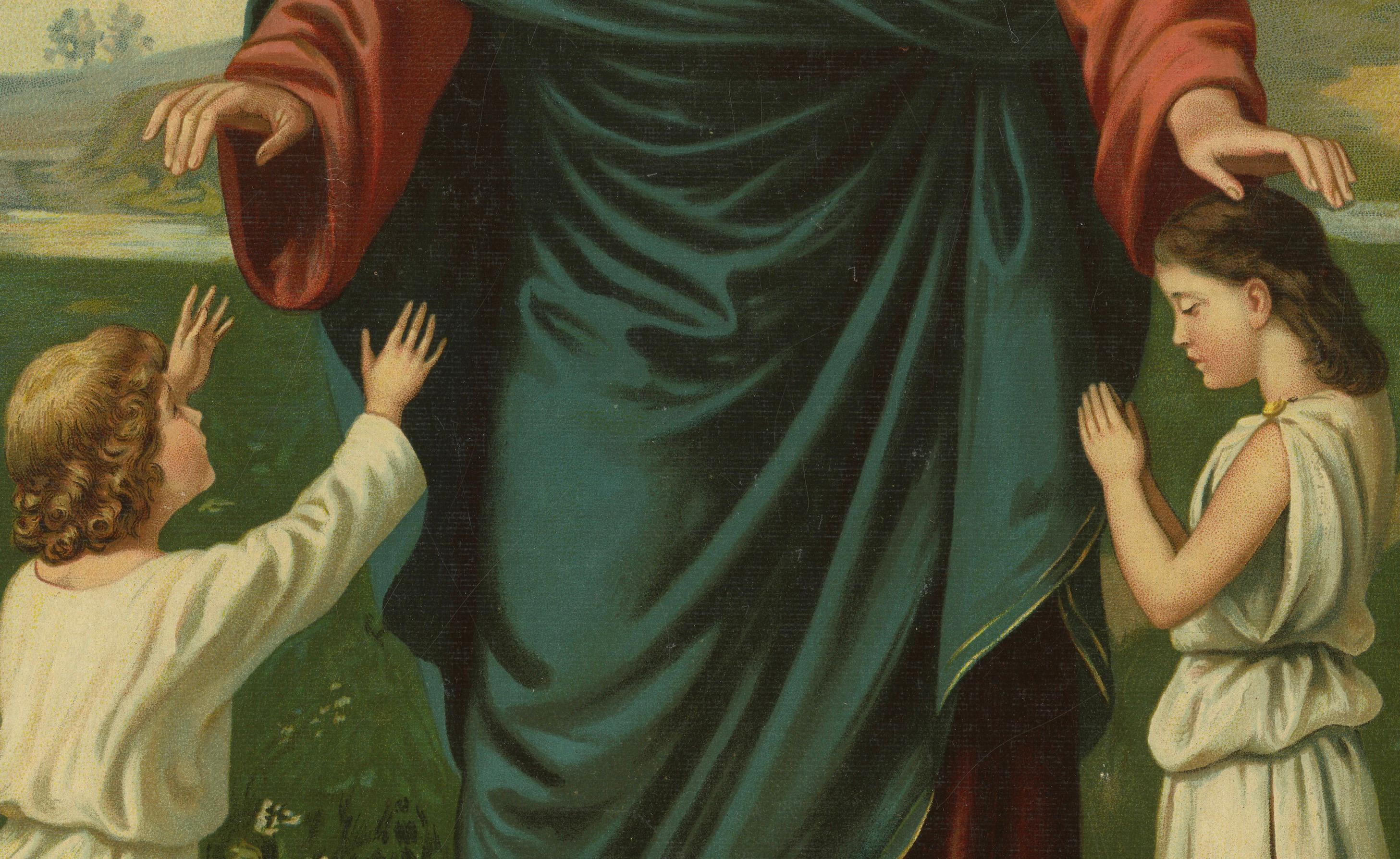 XIXe siècle Ancienne estampe catholique de Jésus bénissant les enfants - Allemagne, c. 1890 en vente