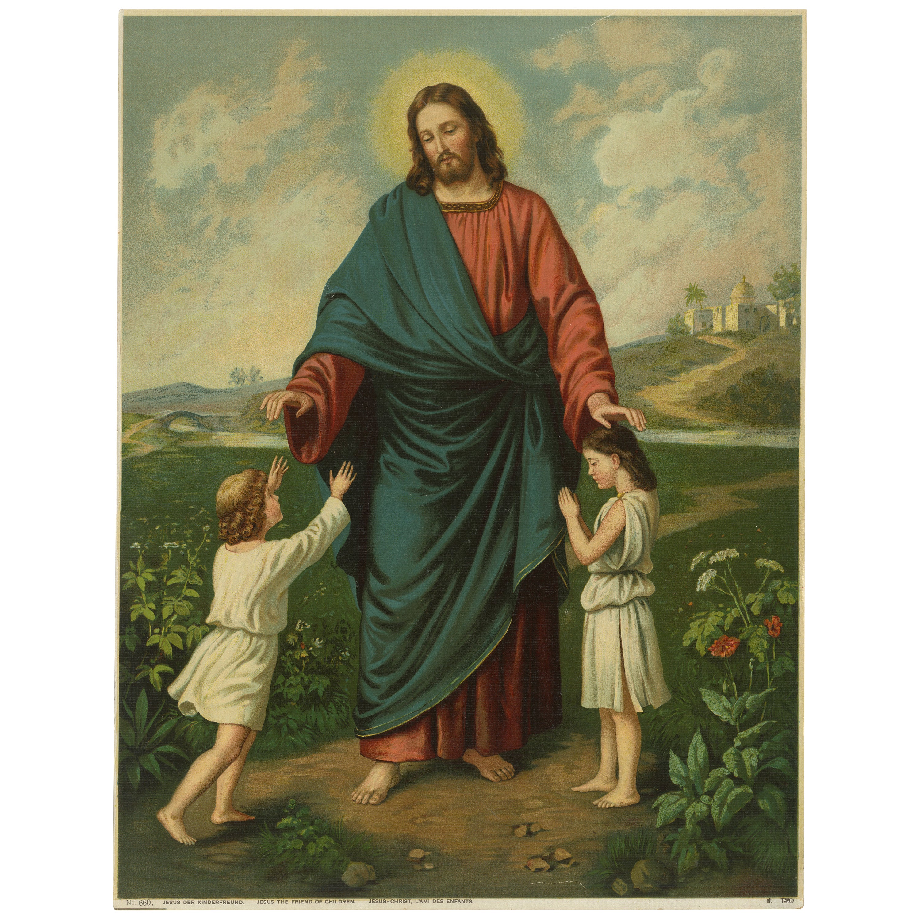 Antiker katholischer Druck von Jesus, der Kinder segnet - Deutschland, ca. 1890