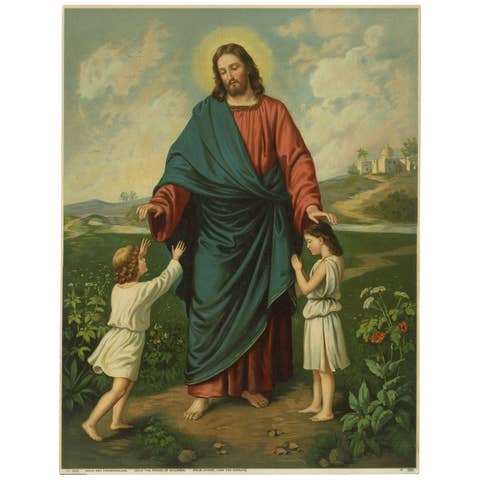 Antique Catholic Print of Jesus Blessing Children – Germany, c. 1890