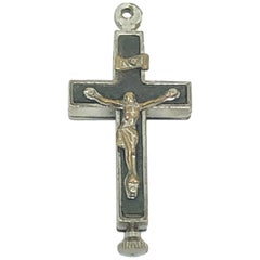Vieille Boite Reliquaire Catholique Pendentif Crucifix Reliques de Agnus Dei et Antonius