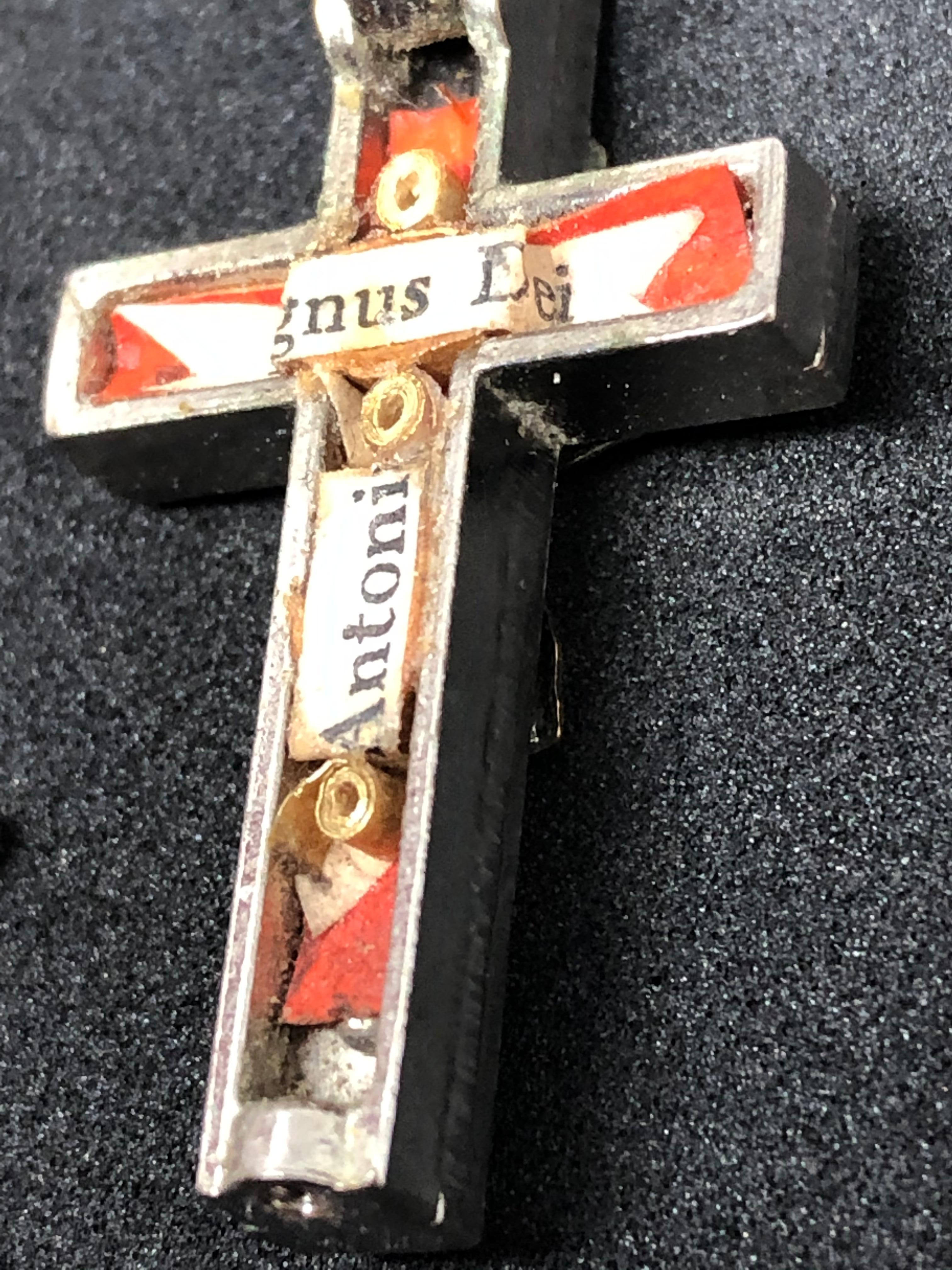 Vintage Catholic Reliquary Box Crucifix Pendant Relics of Agnus Dei and Antonius 3