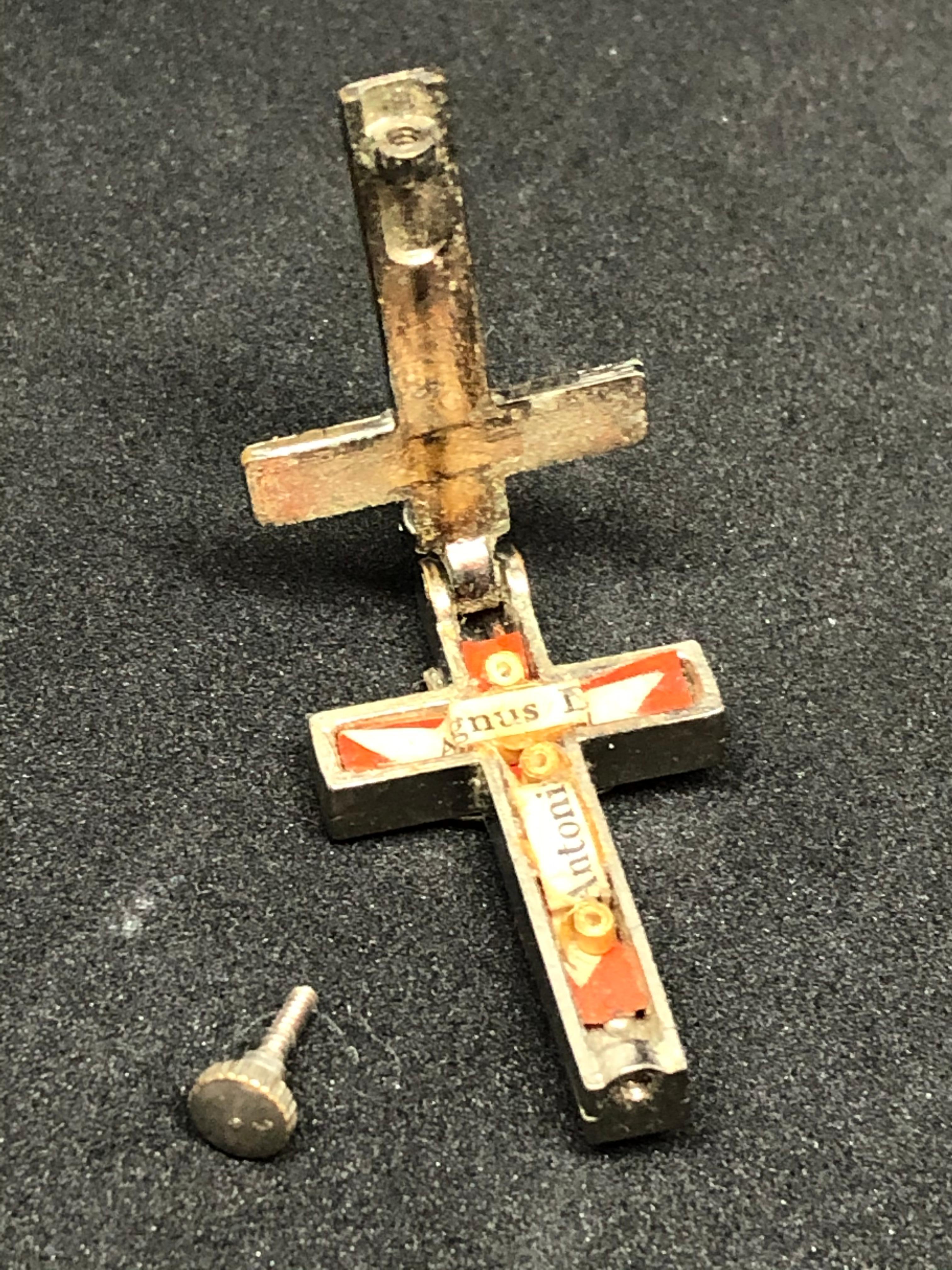 Mid-20th Century Vintage Catholic Reliquary Box Crucifix Pendant Relics of Agnus Dei and Antonius