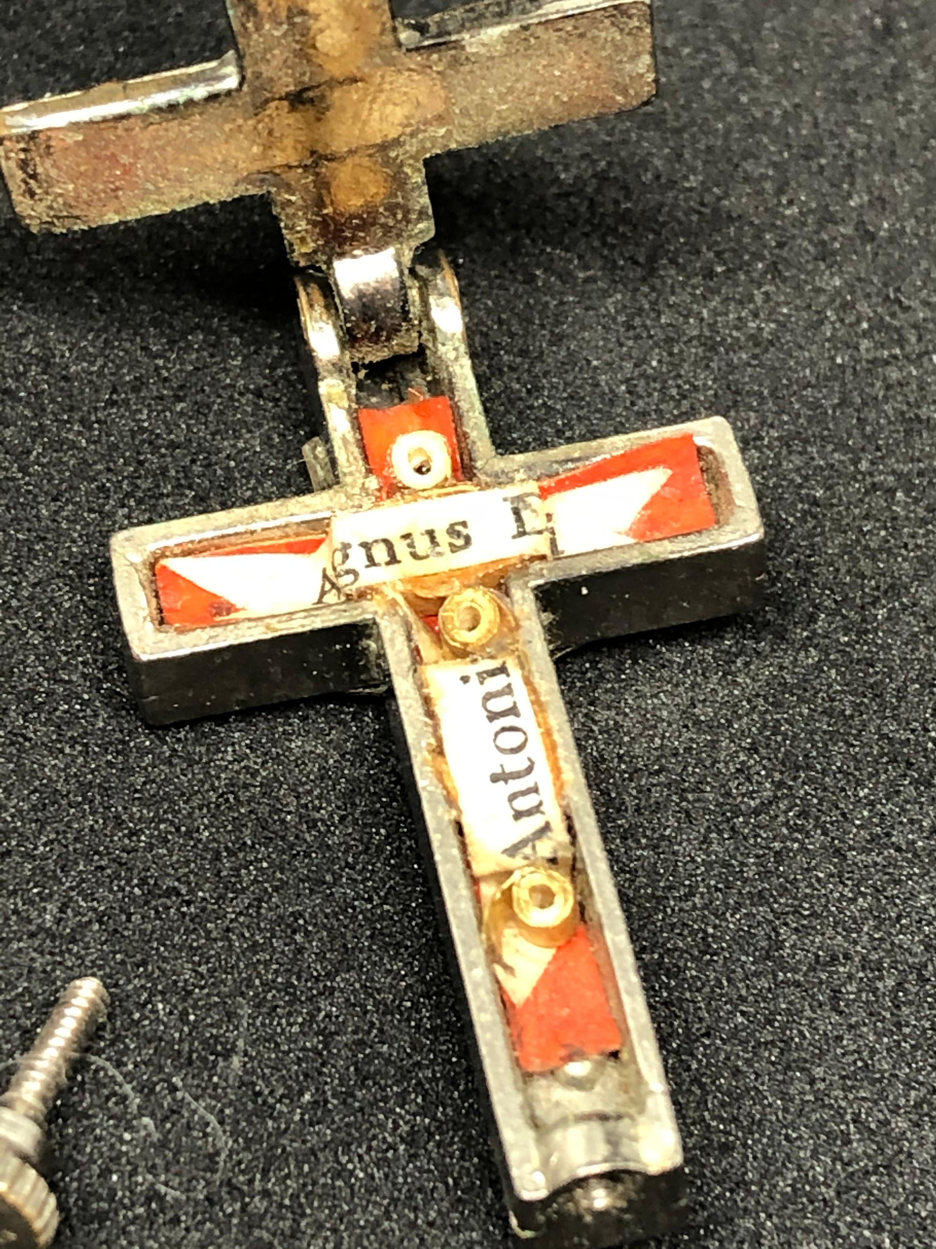 Metal Vintage Catholic Reliquary Box Crucifix Pendant Relics of Agnus Dei and Antonius