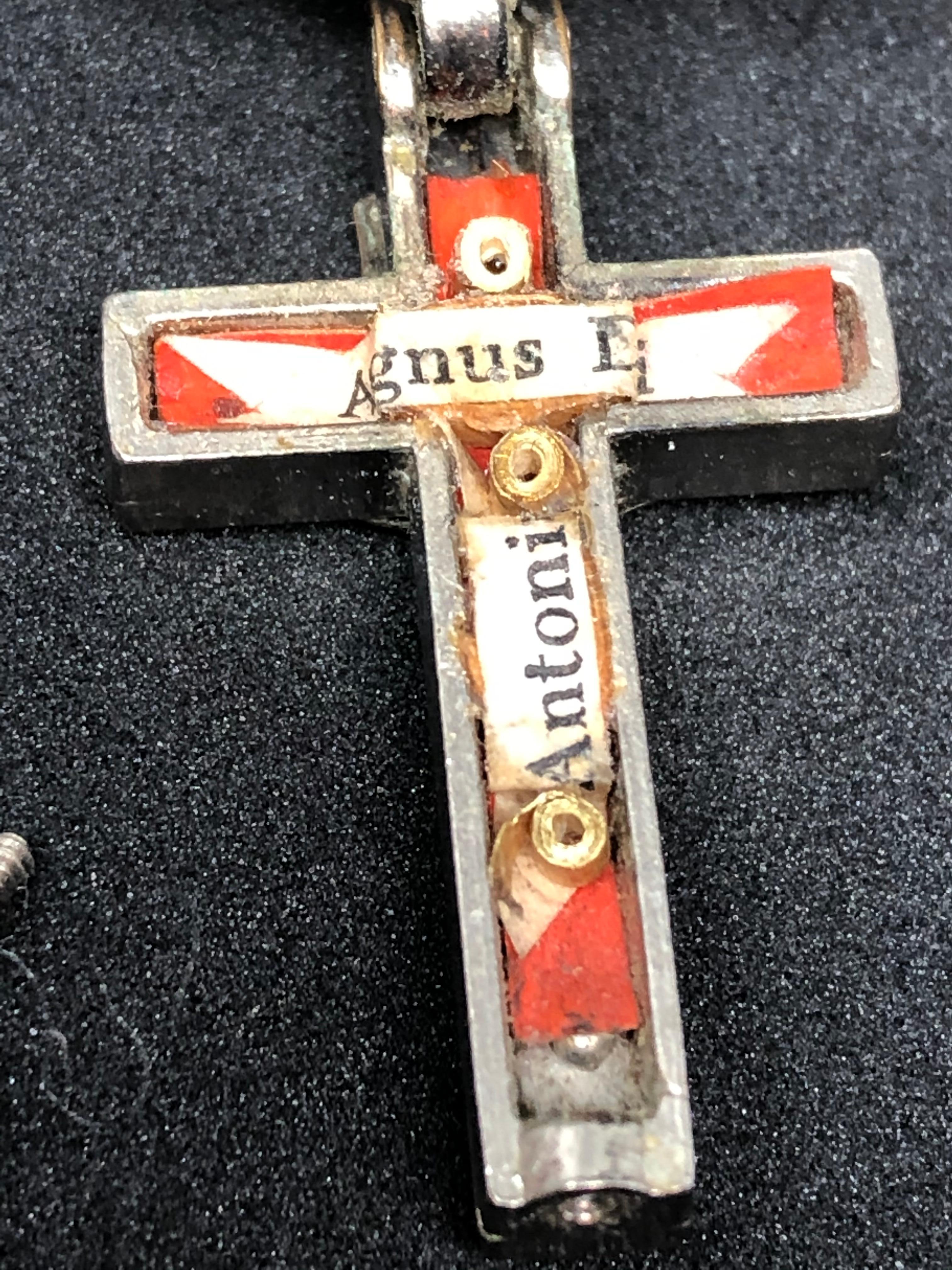Vintage Catholic Reliquary Box Crucifix Pendant Relics of Agnus Dei and Antonius 2