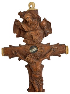 Antique Catholic Reliquary Box Crucifix Pendant, Saint Relic Wood Carved 1890s