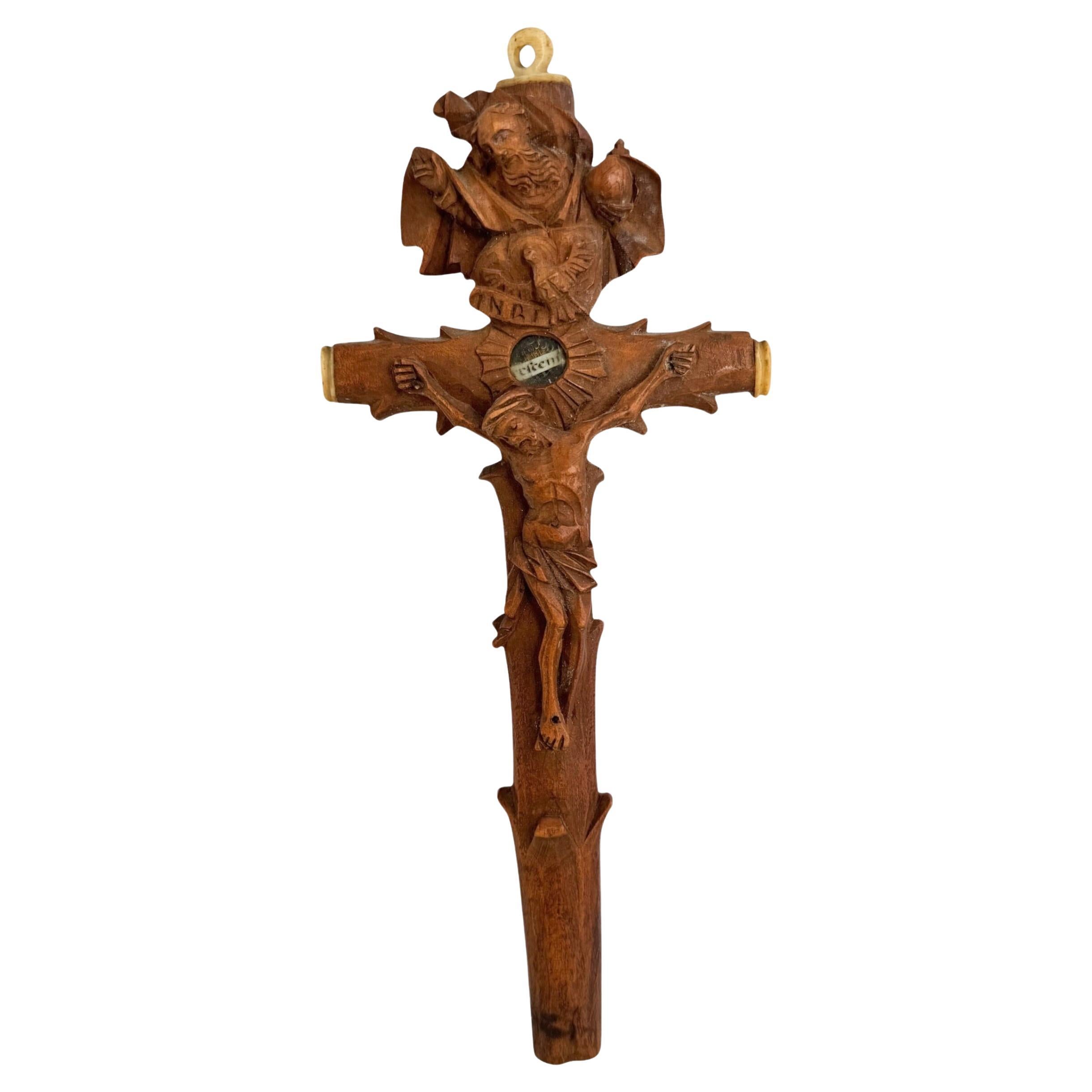 Antique Catholic Reliquary Box Crucifix Pendant, Saint Relic Wood Carved 1890s