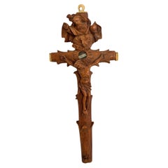 Antico reliquiario cattolico con ciondolo a forma di crocifisso, santa reliquia scolpita in legno del 1890
