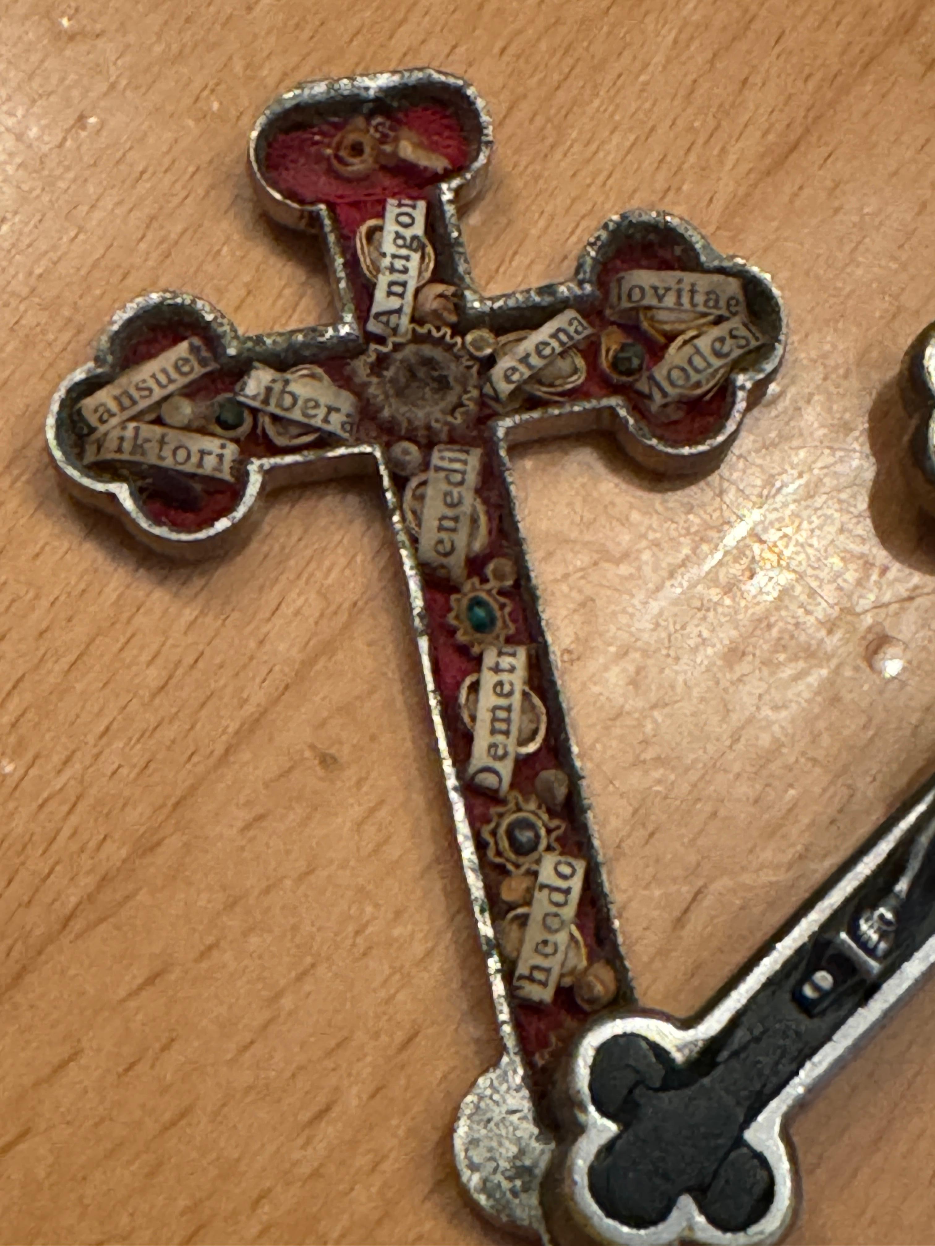 Antique Catholic Reliquary Box Crucifix Pendant with 10 Relics of Saints 4