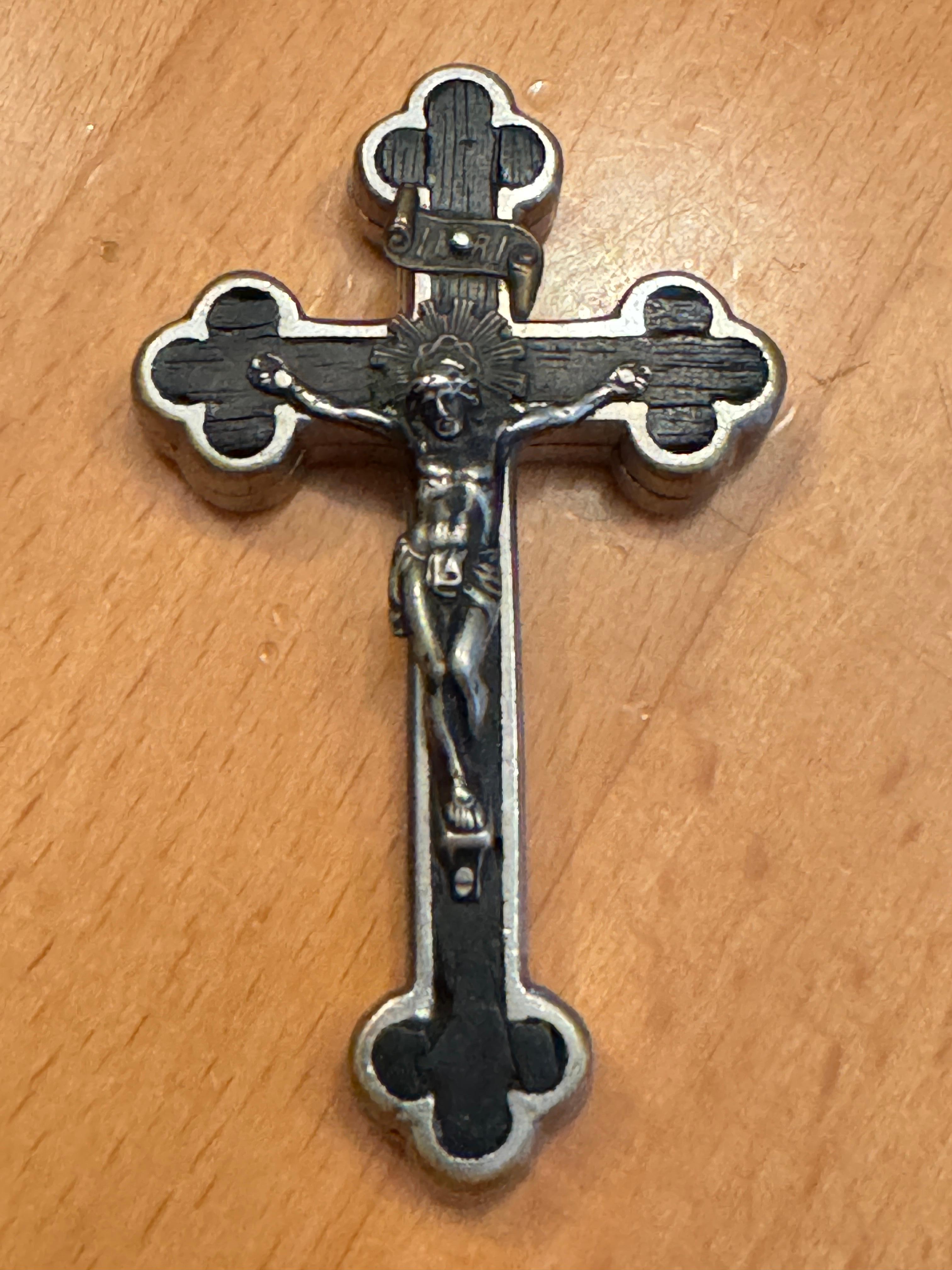 20th Century Antique Catholic Reliquary Box Crucifix Pendant with 10 Relics of Saints